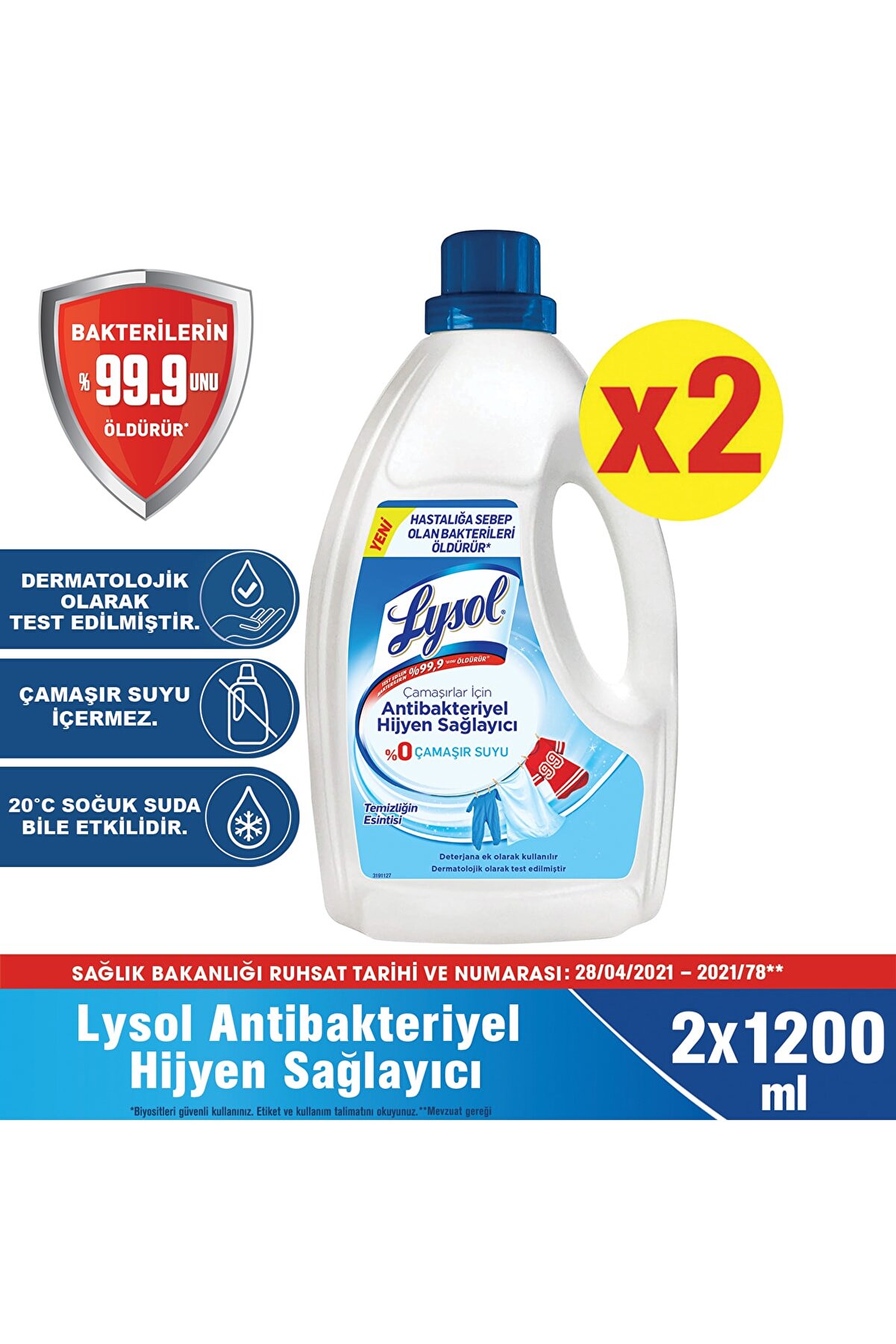 Lysol Çamaşırlar için Antibakteriyel Hijyen Sağlayıcı 2x1200 ml
