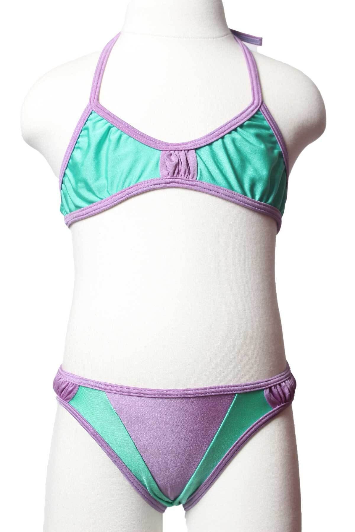 Sude Ayl Kız Çocuk Yeşil Üçgen Model Boyundan Bağlamalı Alt Üst Düz Bikini Takım 95