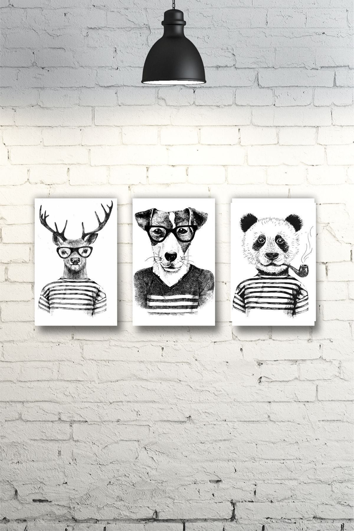 Dekor Sevgisi 3 Parça Vector Geyik Panda Hayvan Dekoratif Kanvas Tablo Seti
