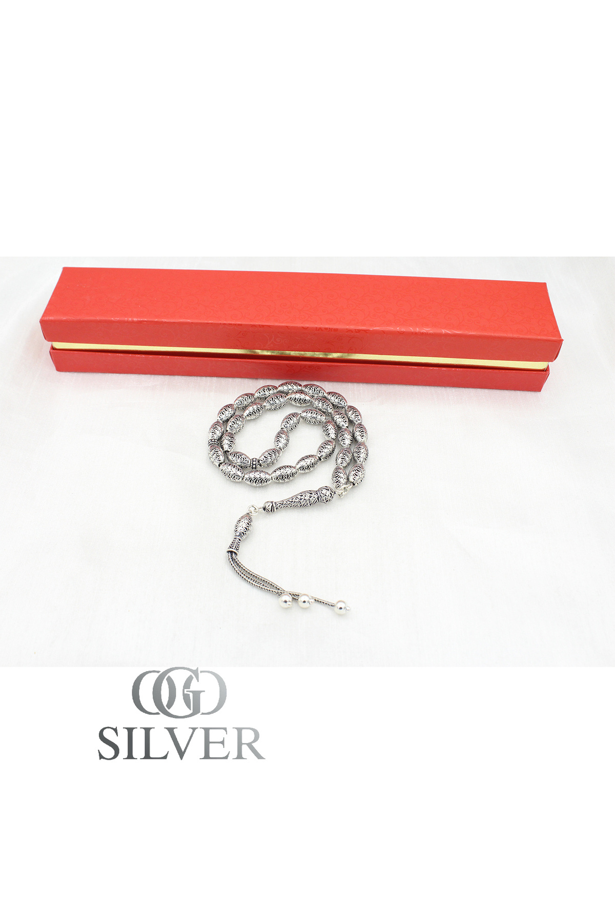 925 Ayar Gümüş Sarmaşık Motifli Arpa Taneli Tesbih - Genel Markalar