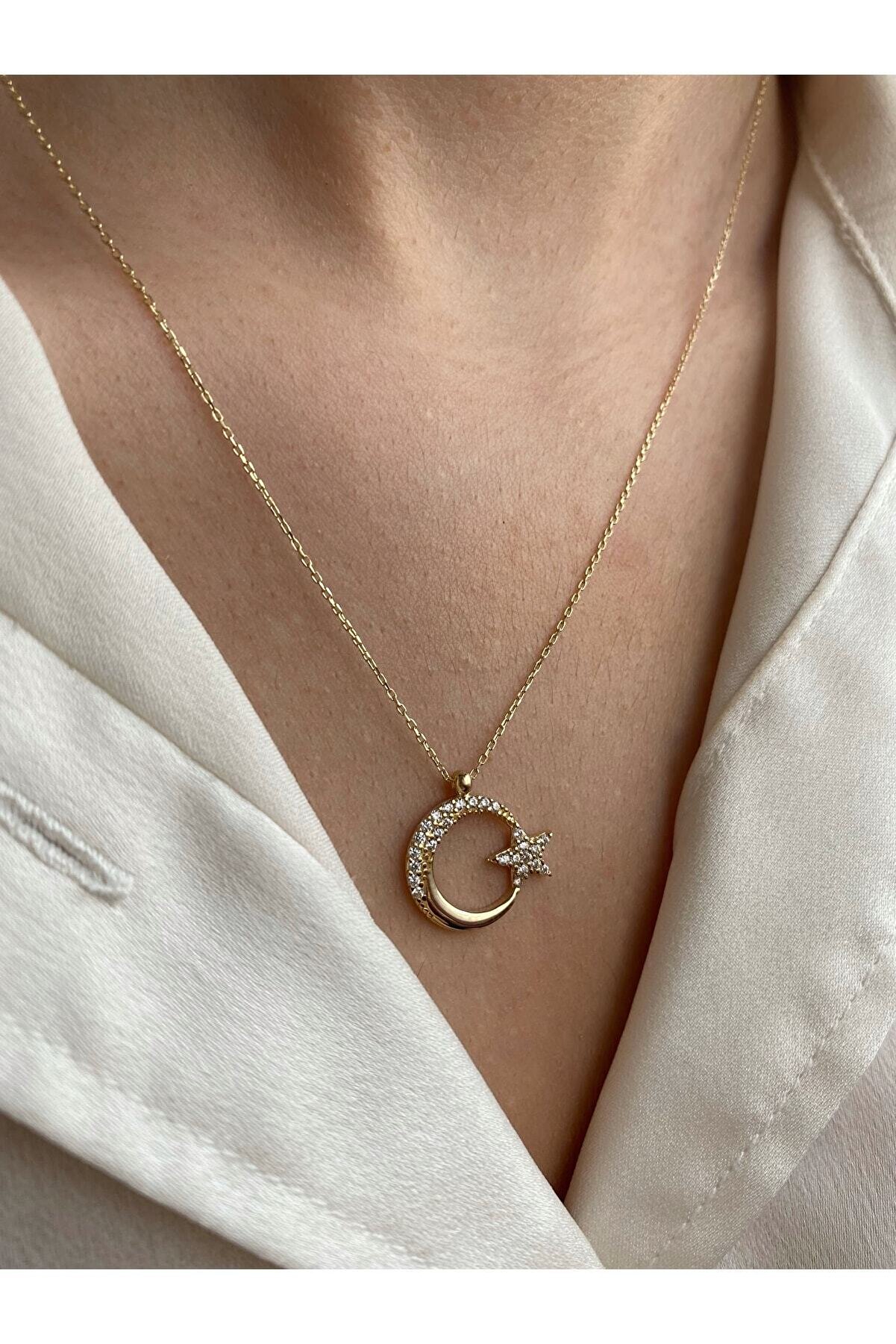 Amoure Gold 14 Ayar Altın Ay Yıldızlı Kolye