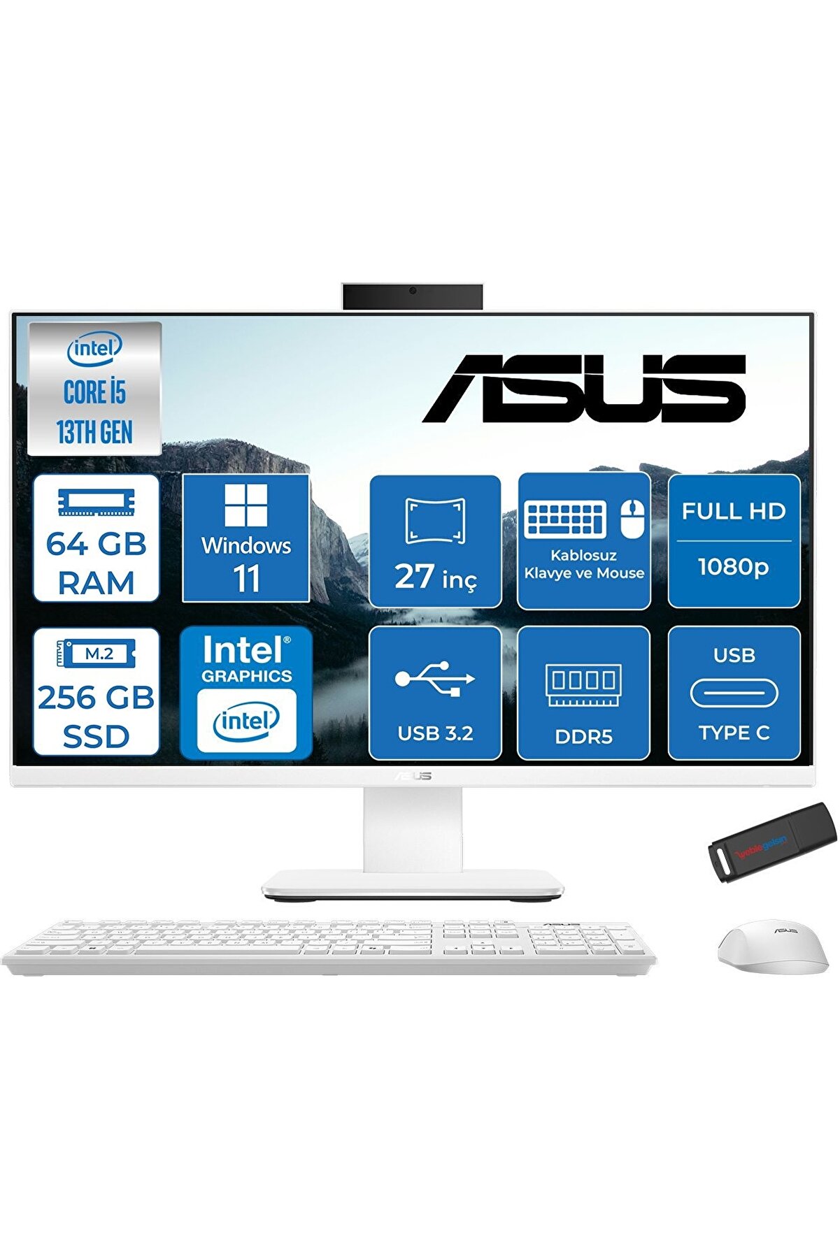 V470VAK İ5-13420H 64GB Ddr5 256GB SSD 27'' Fhd 100Hz 300NITS W11PRO Beyaz ABI58512W0DP26 46ZETTAUSB