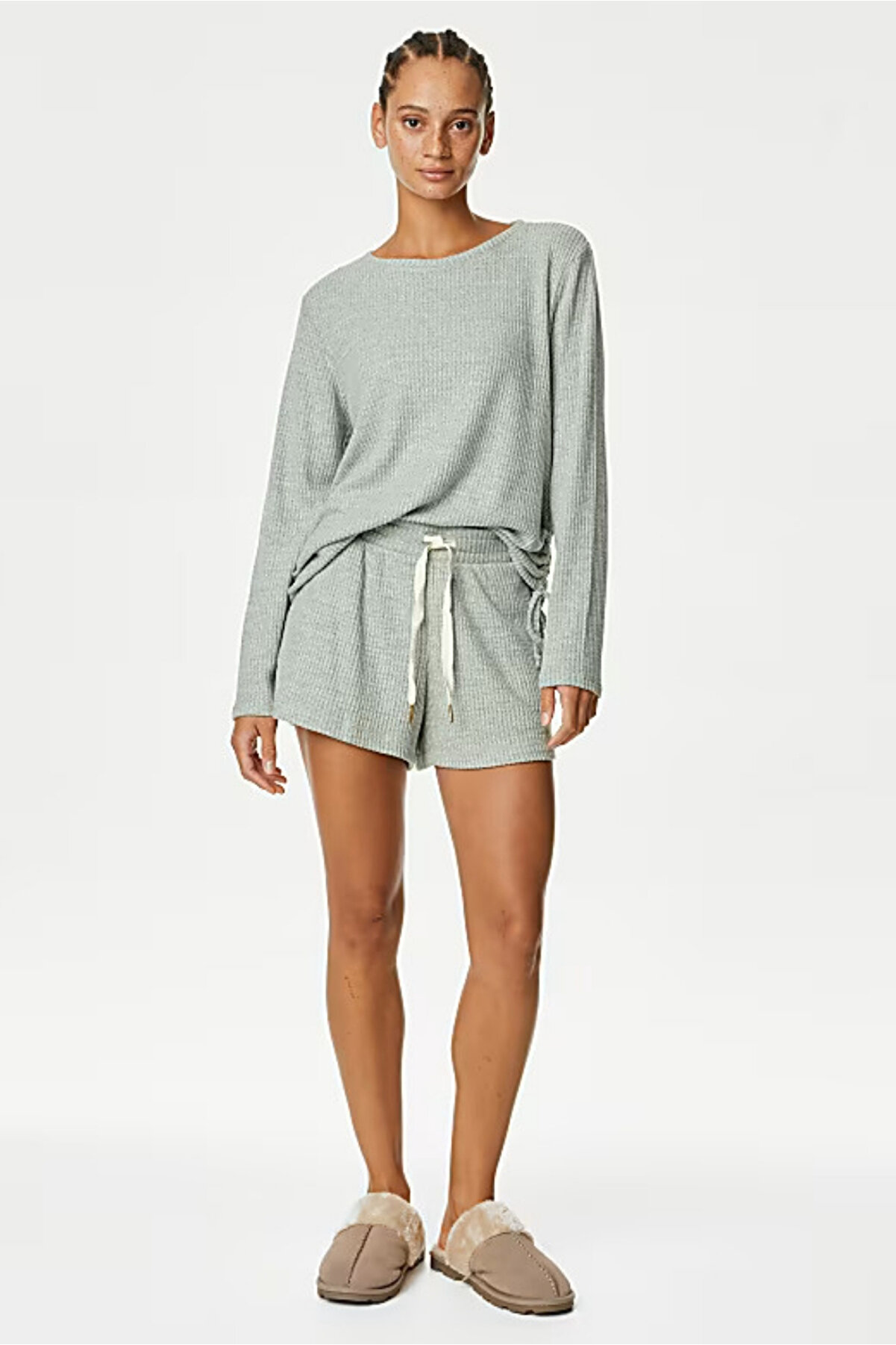DOFİ Kadın Gri Fitilli Takım Seti - Büzgü Detaylı Tişört ve Kordonlu Şort