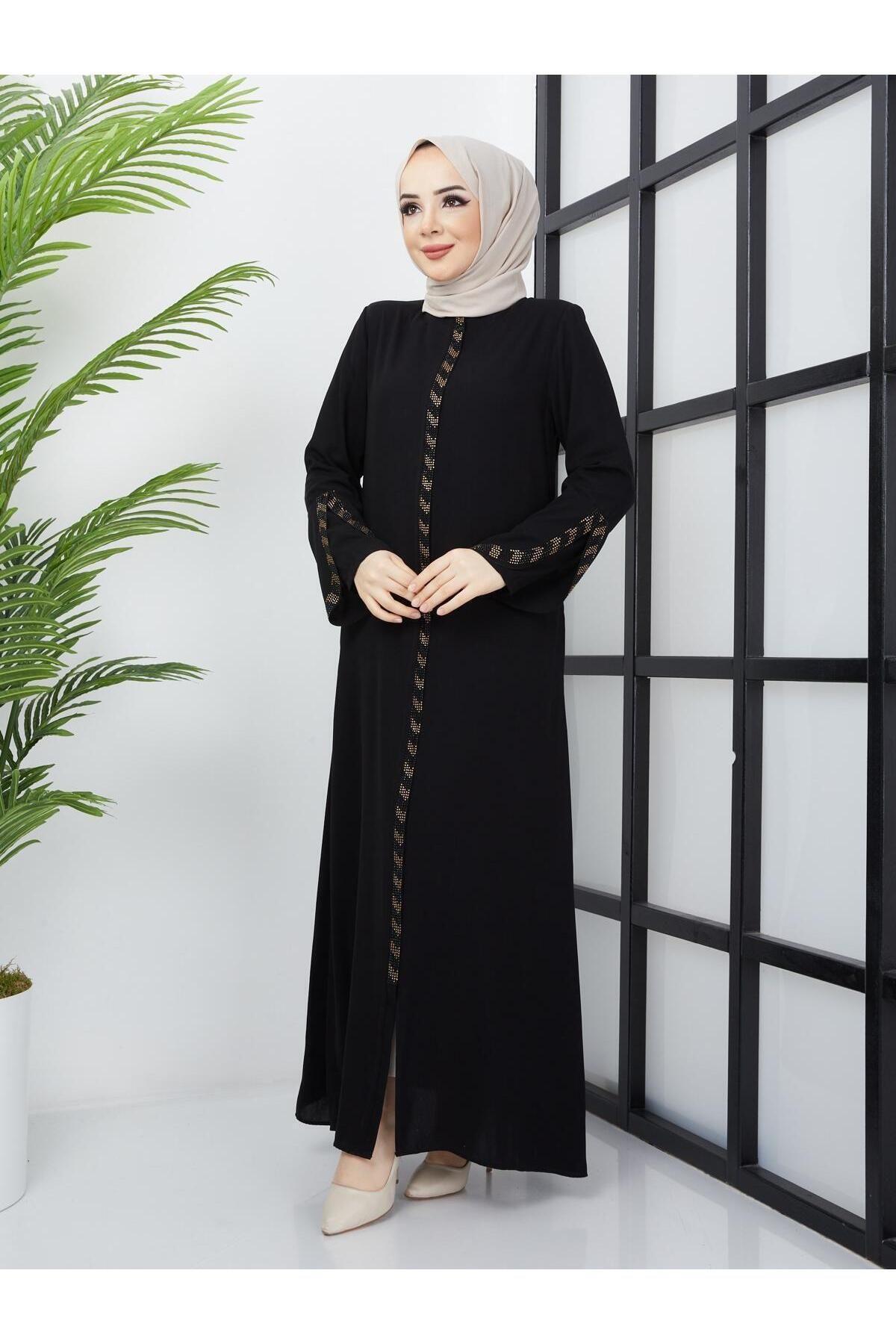 MODA Kolu Lazer Kesimli Taşlı Medine Ipeği Yazlık Ferace | Tesettür Giyim