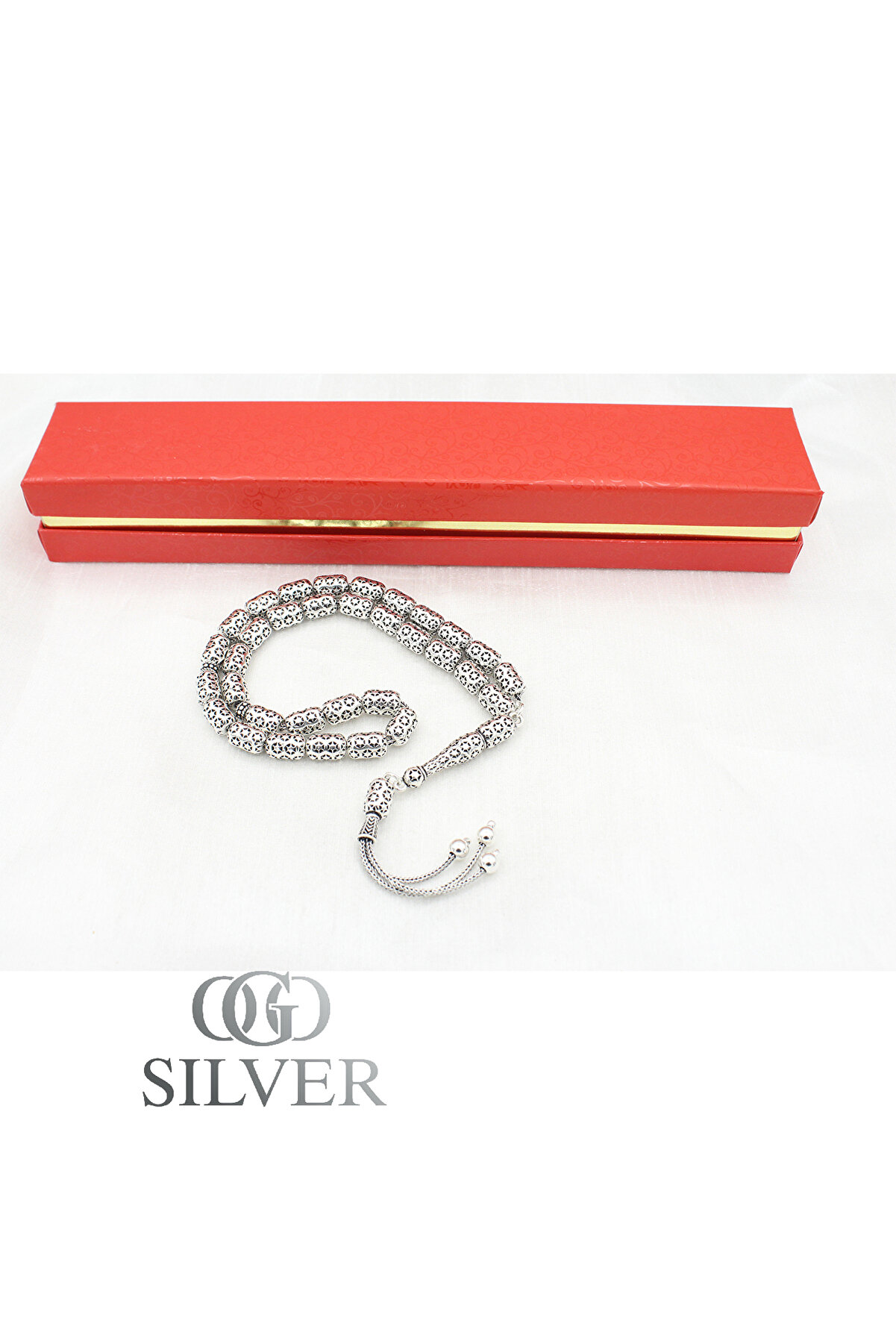 OGO SİLVER 925 Ayar Gümüş Yıldız Motifli Kare Taneli Tesbih - Özel El İşçiliği