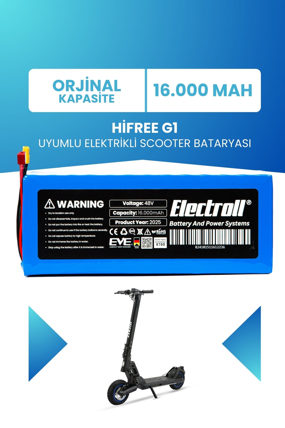 ELECTROLL Hifree G1 Scooter Bataryası 48V 16Ah - Orjinal Kapasite