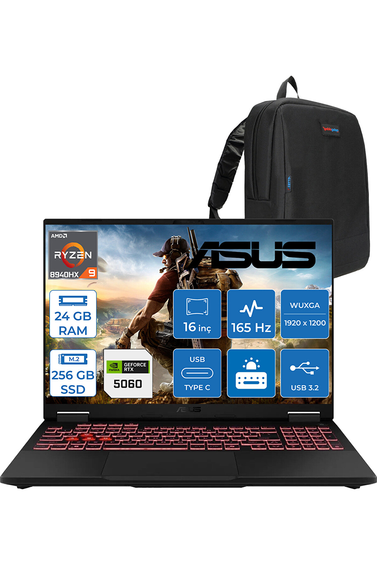 Tuf Gaming A16 Ryzen 9 8940HX 24GB 256GB SSD RTX5060-8GB 115W 165Hz 16