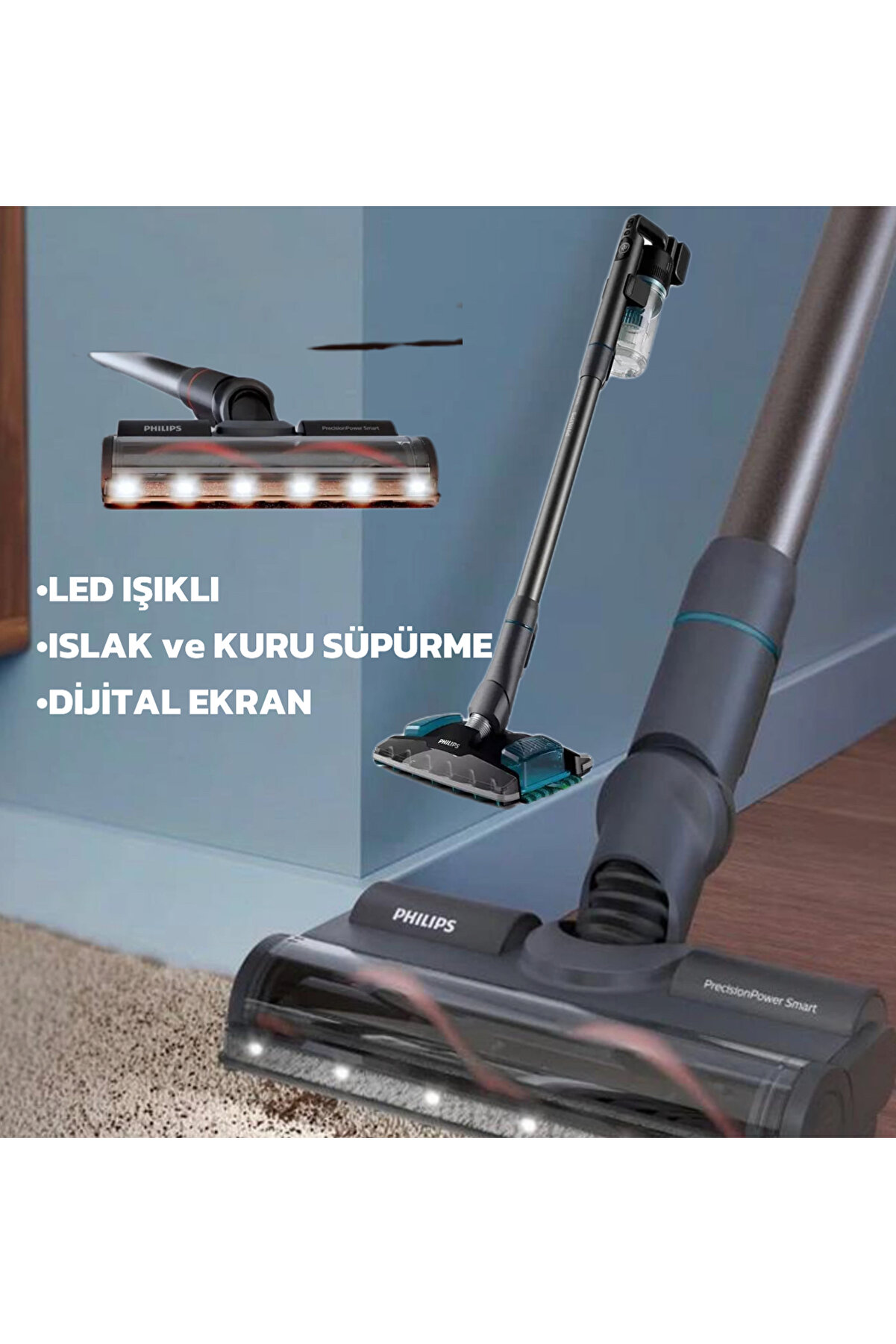 ISLAK ve KURU SÜPÜRME Kablosuz Dikey Elektrikli Süpürge Led Işıklı