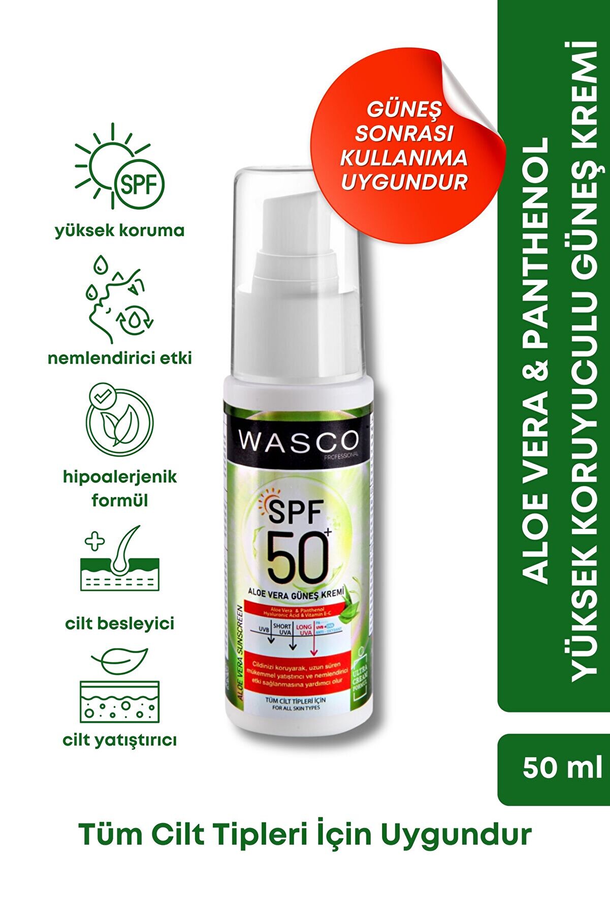 Wasco Aloe Vera Özlü 50+ SPF Yatıştırıcı Güneş Kremi 50ml