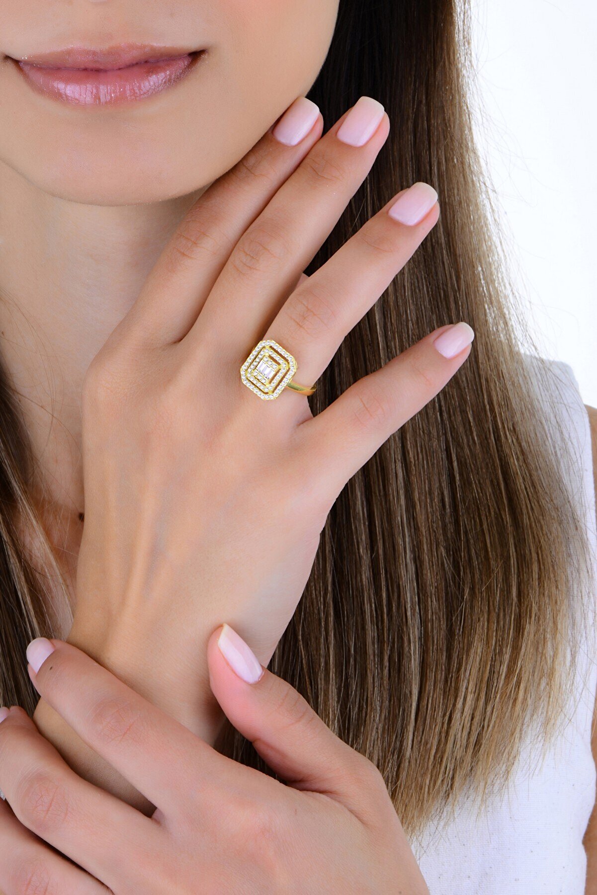 Söğütlü Silver Gümüş Altın Yaldızlı Çift Sıra Zirkon Taşlı Pırlanta Yüzük