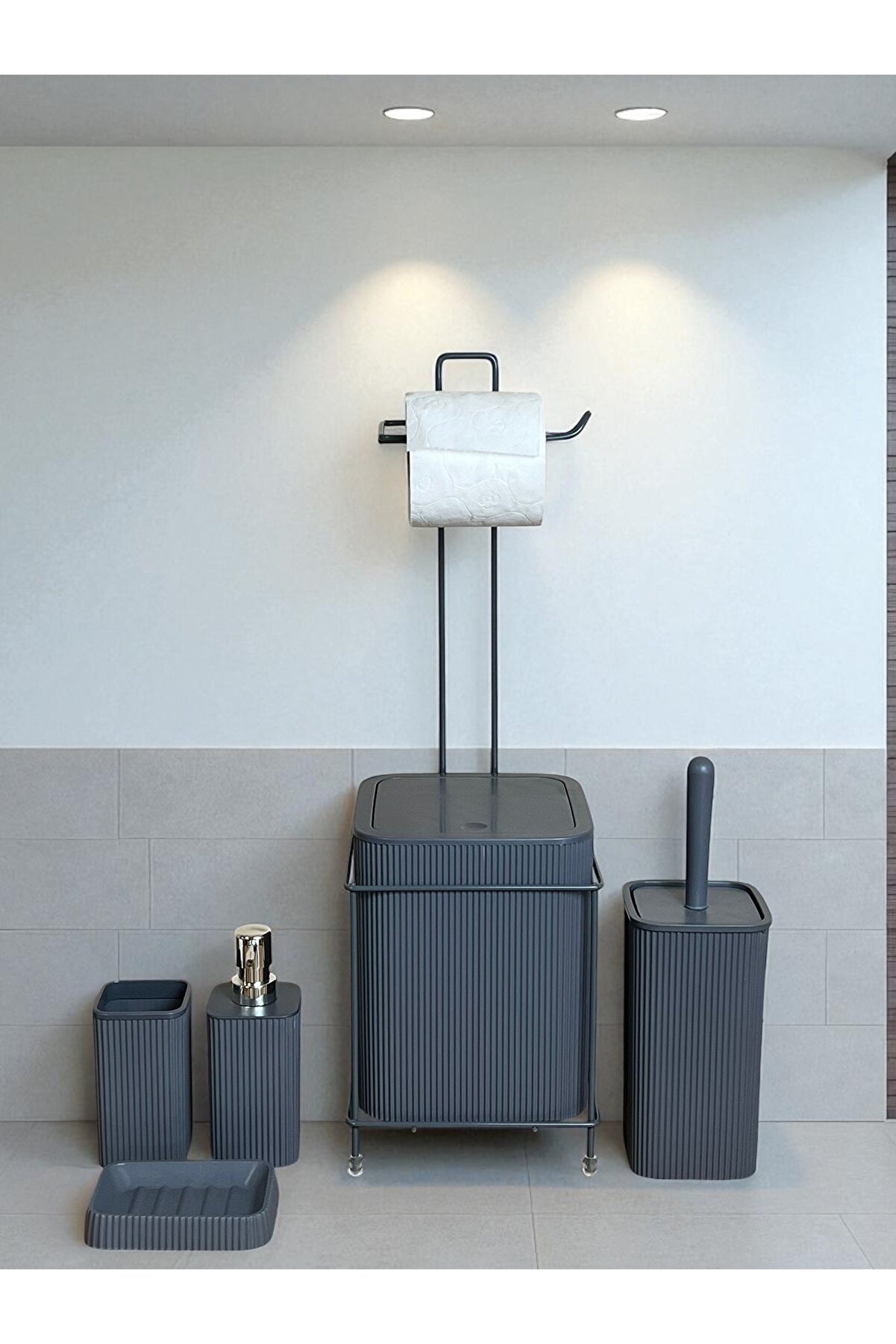 metalshop 6 Parça Banyo Seti Metal Stantlı Çöp Kovalı WC Kağıdı Tuvalet Fırçası Sabunluk