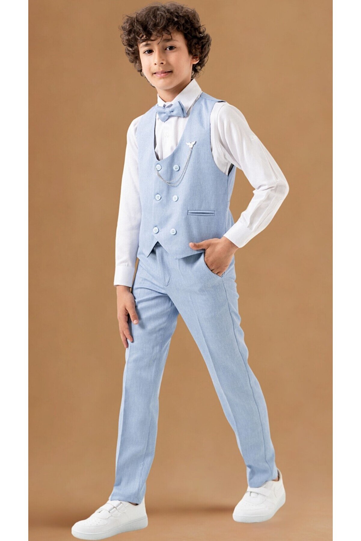 Atlas Kids Erkek Çocuk Smokin Takım Seti - 5'li Pantolonlu Yelekli Papyonlu Gömlekli Zincirli