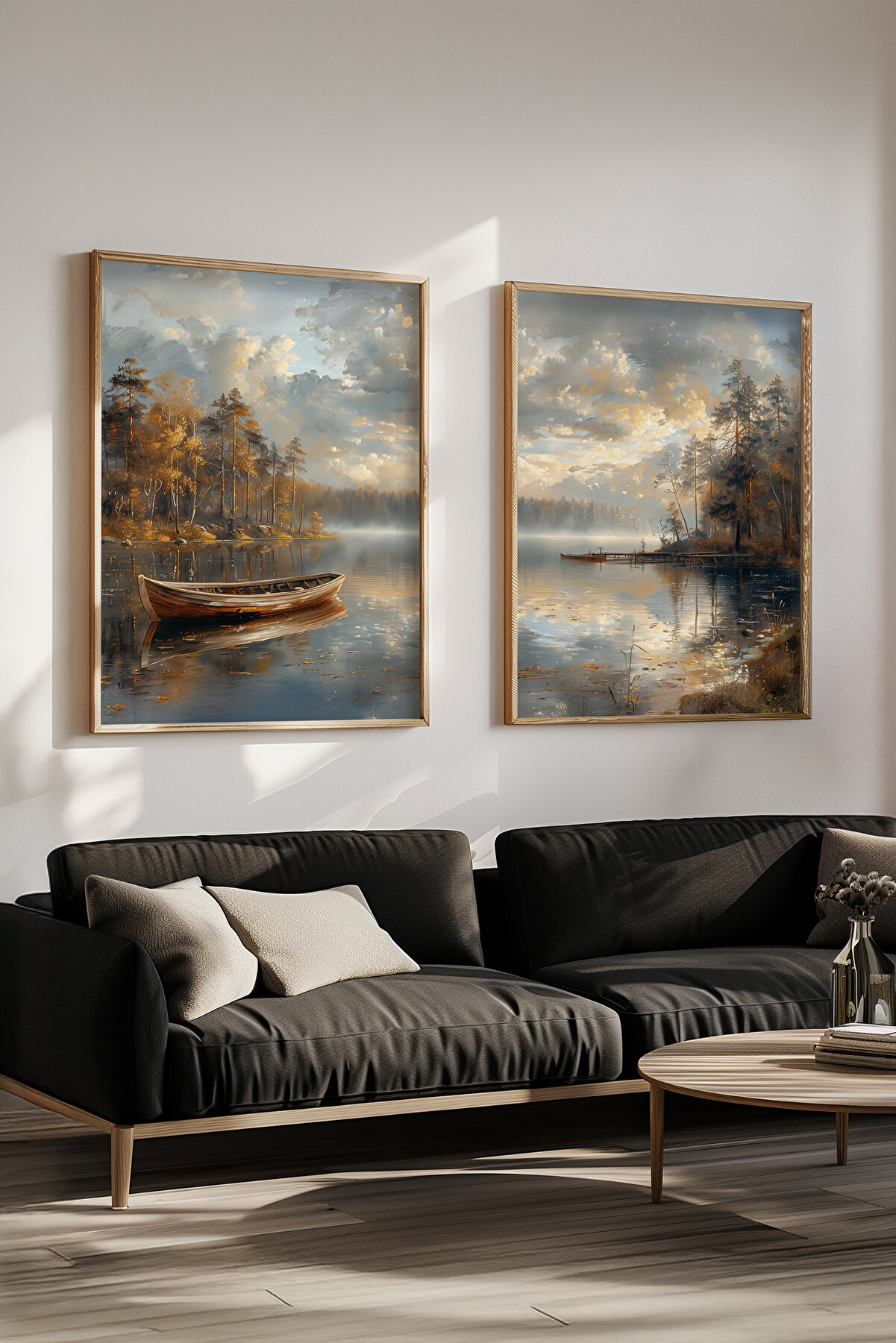STARYUNA Yağlı boya efektli kayıklı göl manzaralı tablo seti - 2'li Ahşap Çerçeveli