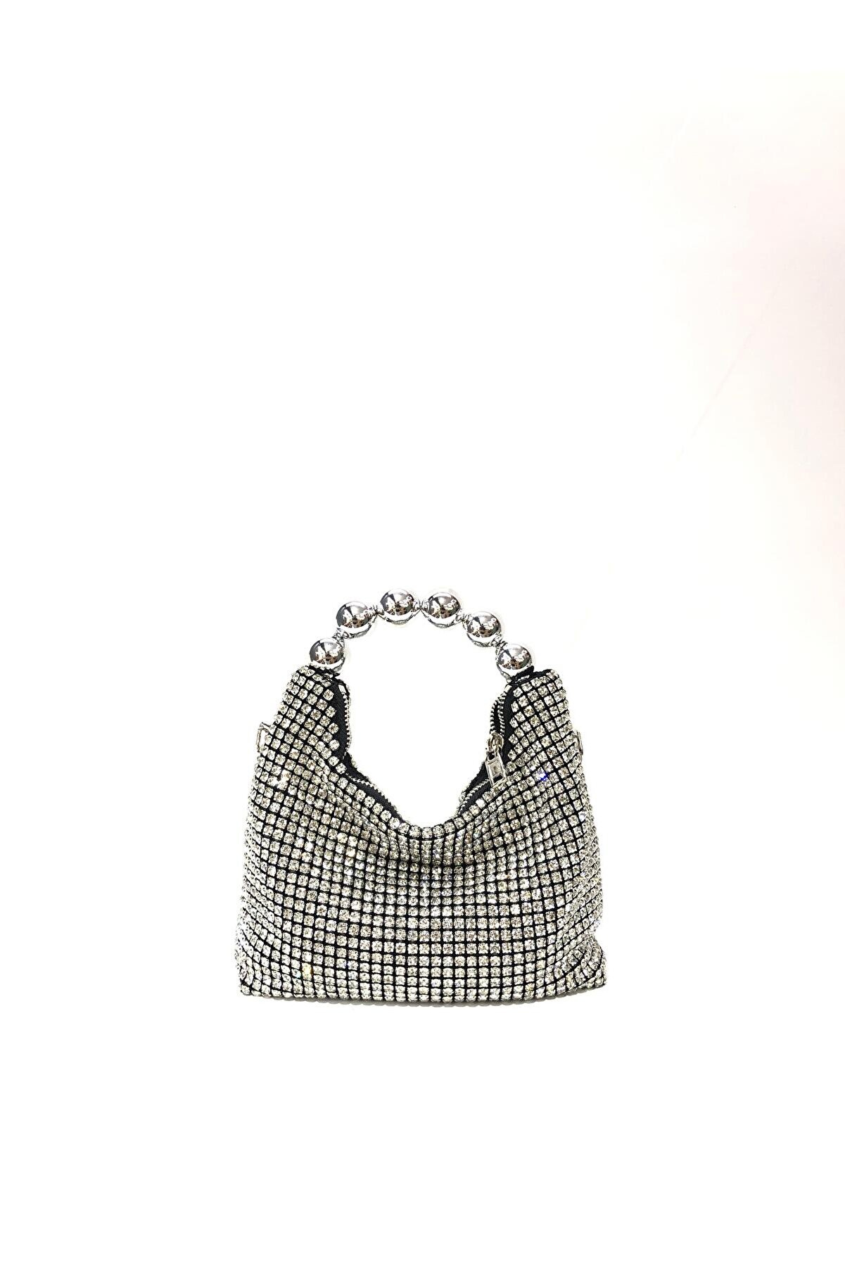 Womenacs Siyah Gümüş Diamond Taşlı Abiye Clutch Portföy Zincir Askılı El Çantası