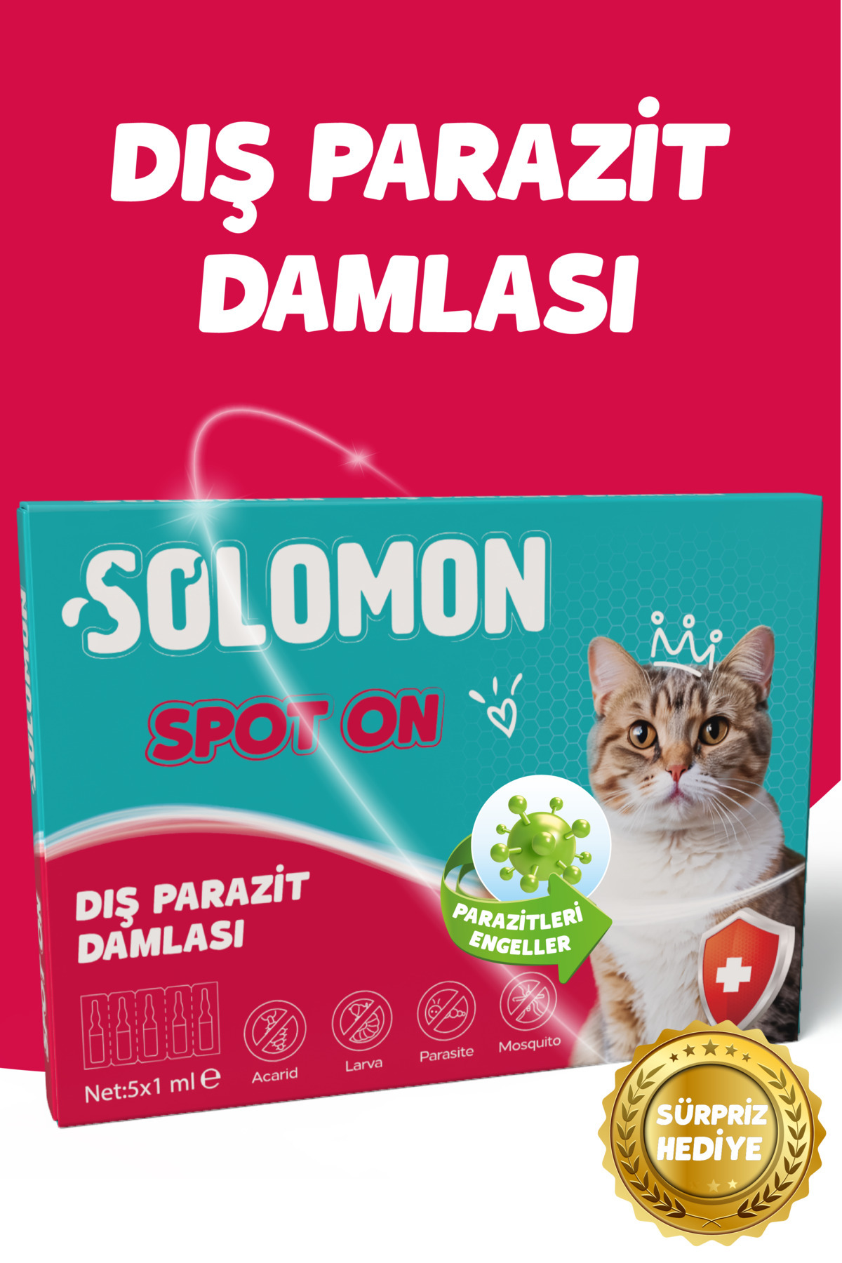 Solomon Kediler İçin Dış Parazit Ense Deri Damlası 5x1 ml - Pire Bit Kene Koruma