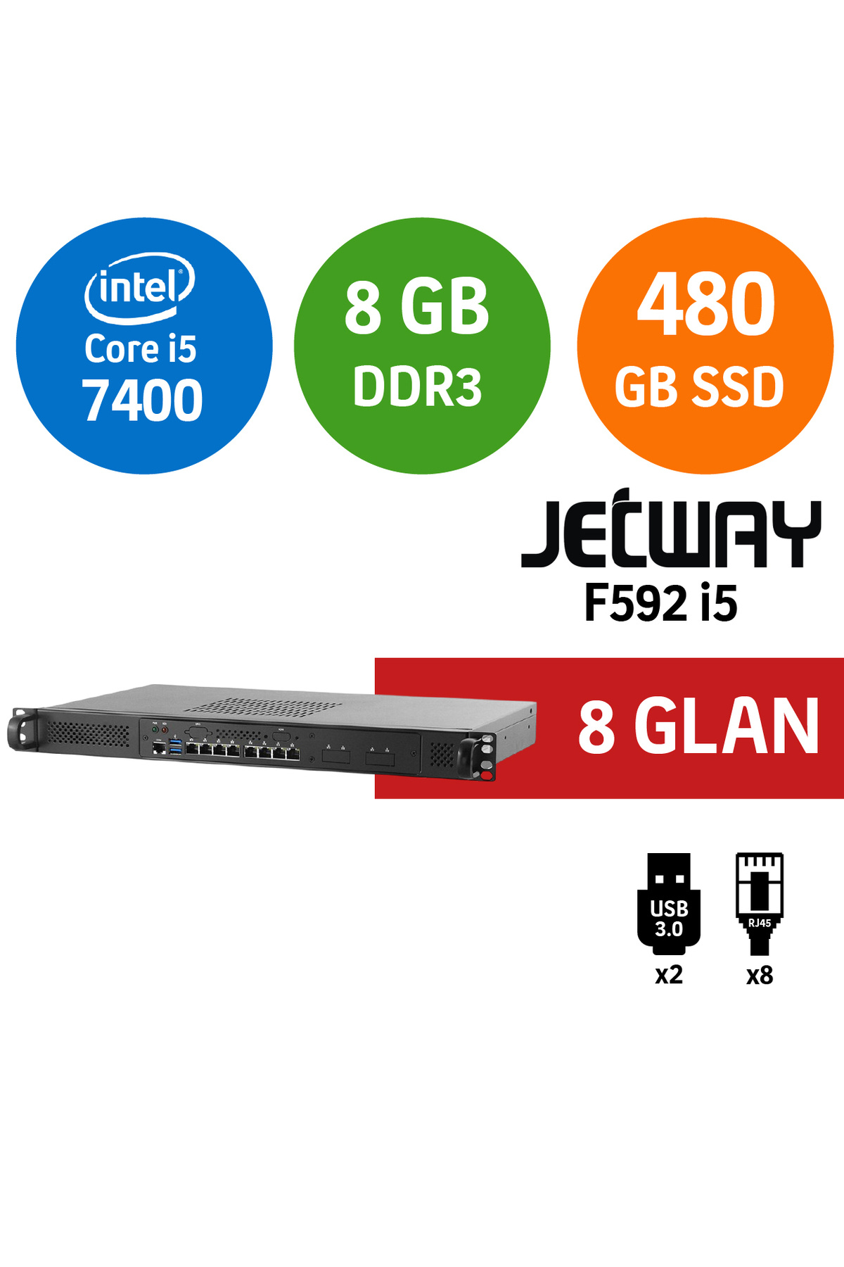 Jetway F592 1U Intel Core i5 7400 8GB 480GB 8 Port Endüstriyel Firewall Pc