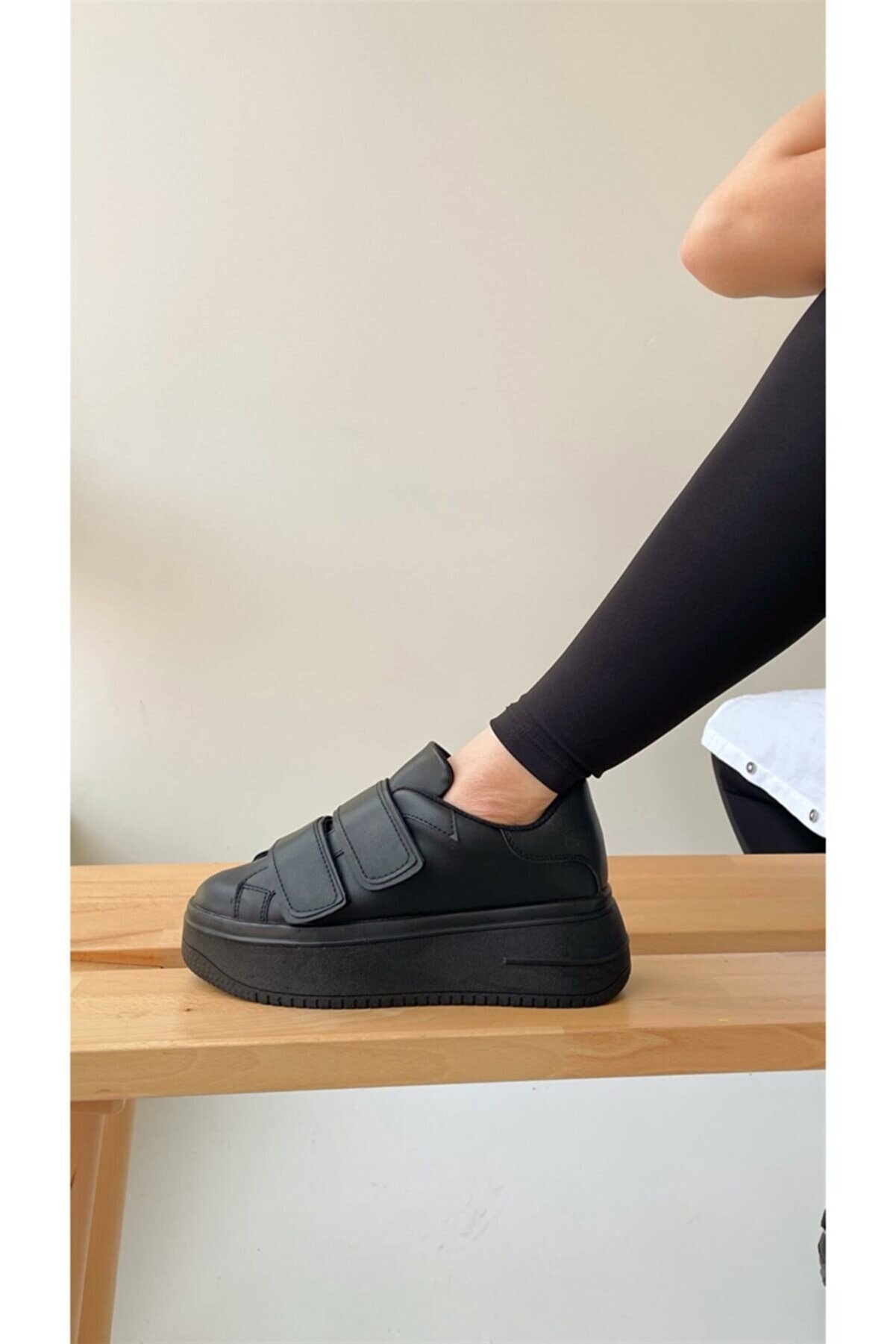 NAVYSIDE Kadın Siyah Cırt Cırtlı Sneaker Spor Ayakkabı-taban 5 Cm-yürüyüş Ayakkabısı Yüksek Tabanlı Bantlı