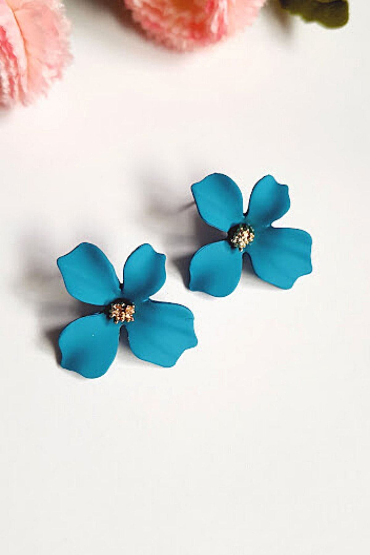 PETEK AKSESUAR Mini Çiçek Küpe Petrol Mavisi