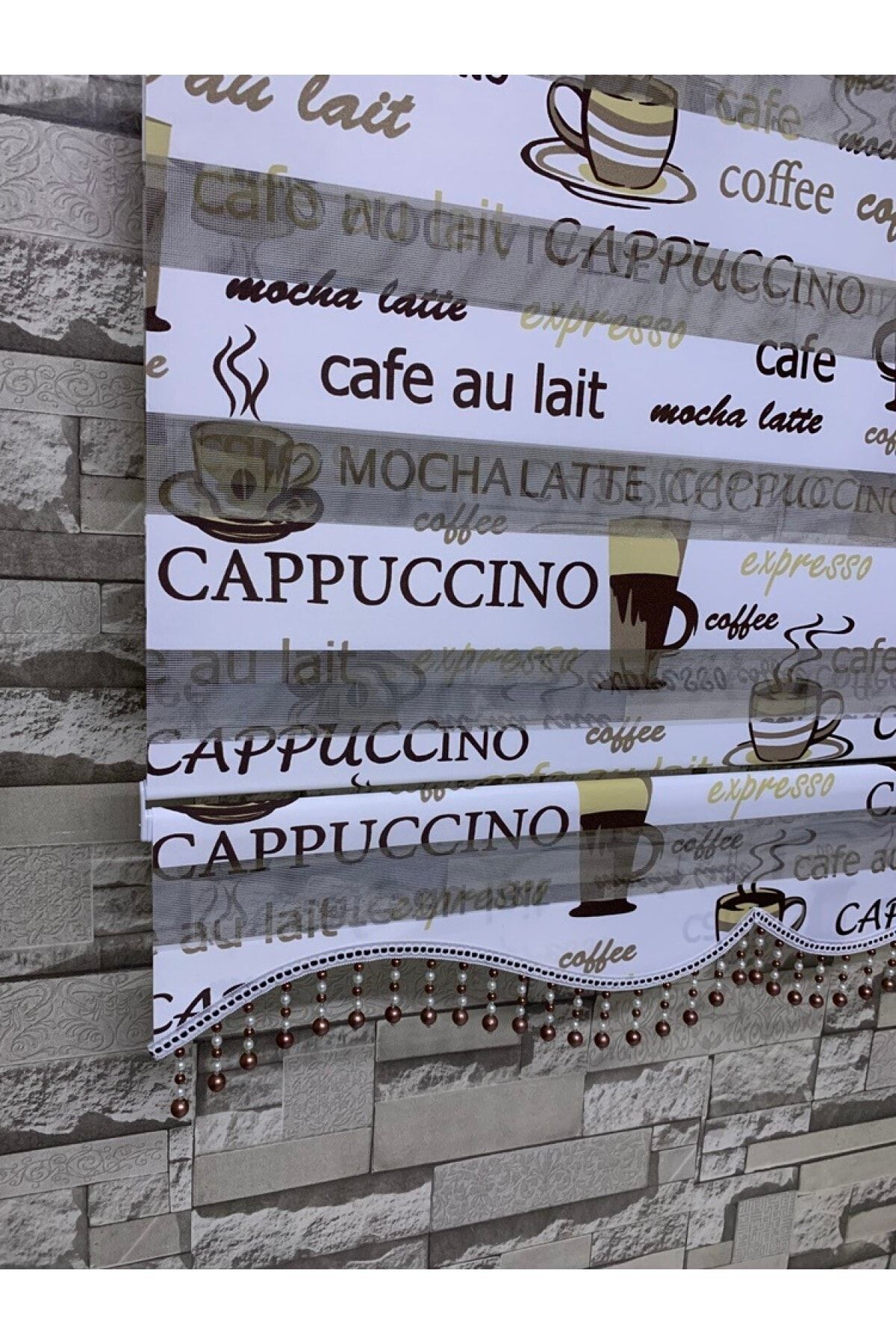 PERDECİNİZ Cappuccino Kahve Baskılı Zebra Perde (etek Boncuklu)