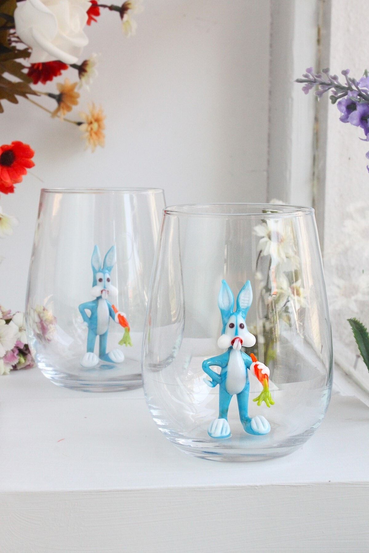 ADAMODART Bugs Bunny El Yapımı Cam Figürlü Mavi 2'li Su Bardağı