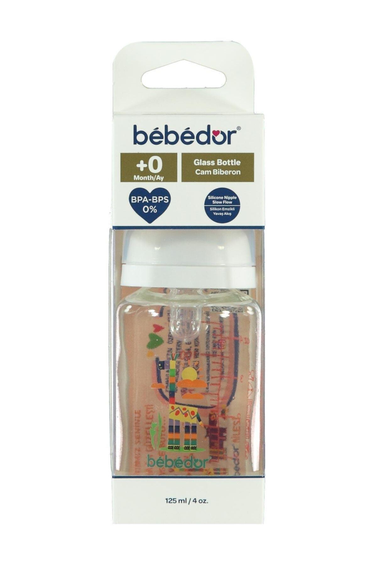 Bebedor Yavaş Akış Silikon Emzikli Cam Biberon 125 Ml Beyaz