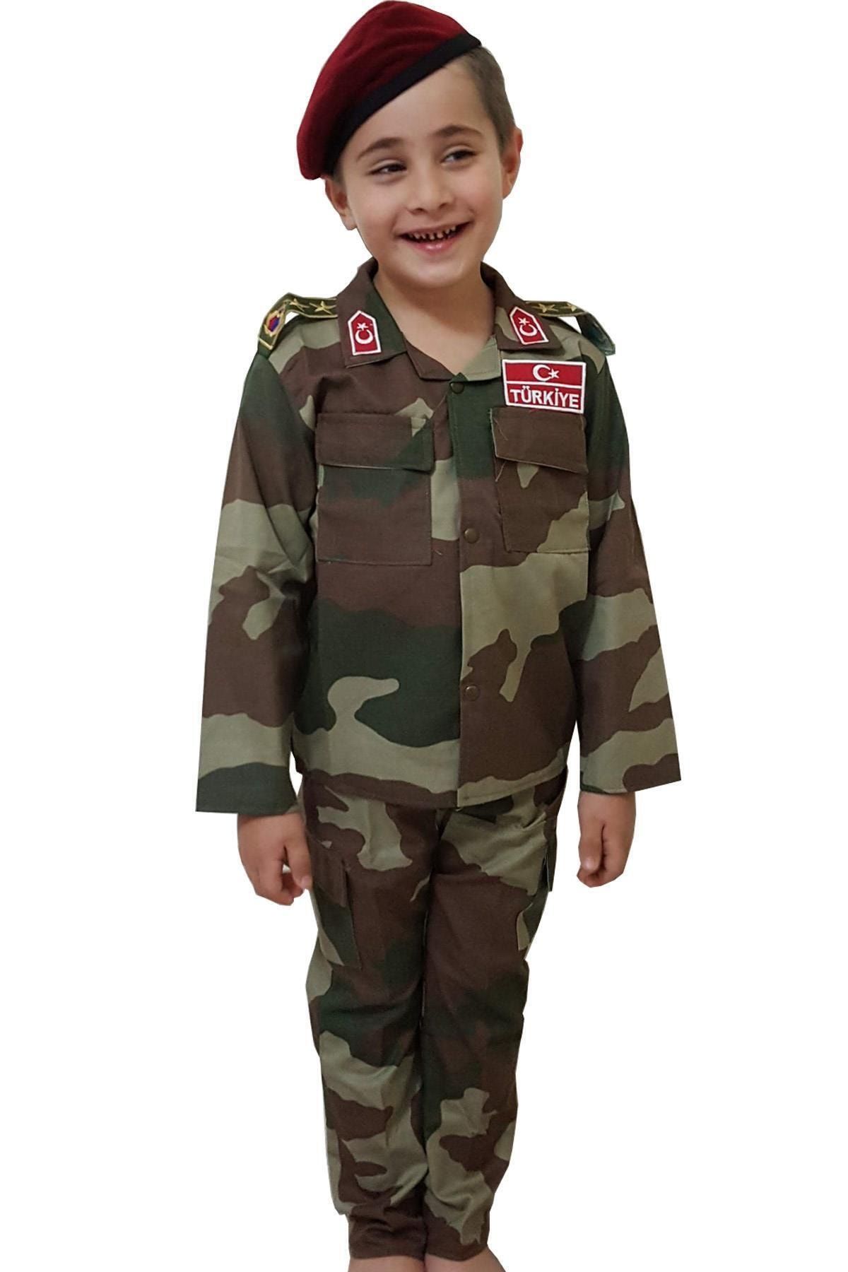 DEHAMODA Bordo Bereli Yeni Desen Çocuk Asker Kamuflaj Komando Kıyafeti - Kostüm