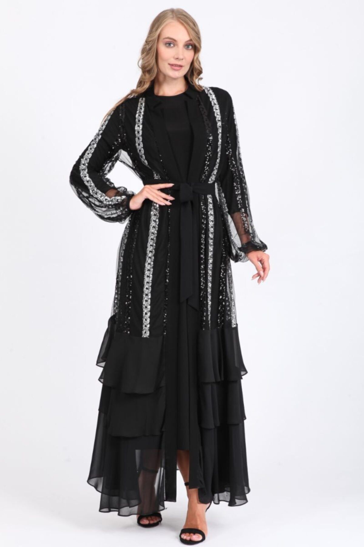 Orhan Etekucu Volanlı Payet Motif Tüllü Abaya Elbise Takım - Siyah-gümüş
