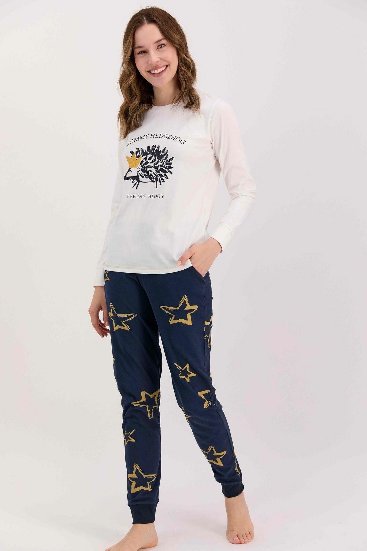 Arnetta Mommy Hedgehog Krem Kadın Uzun Kol Pijama Takımı
