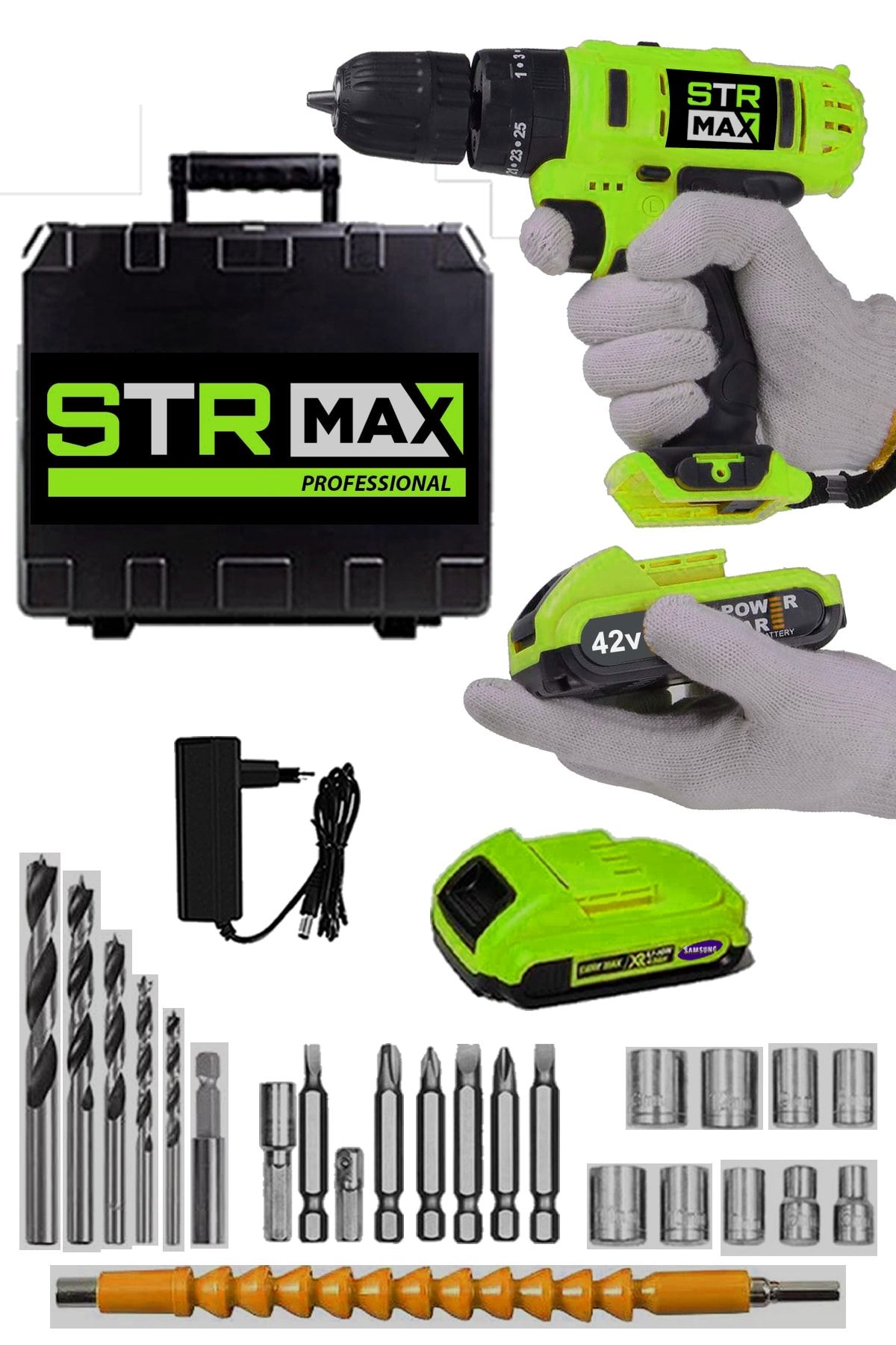 StrMax Germany 42v 5ah X Hard Metal Şanzuman Samsung Çift Akülü Şarjlı Vidalama Matkap 27 Parça Set