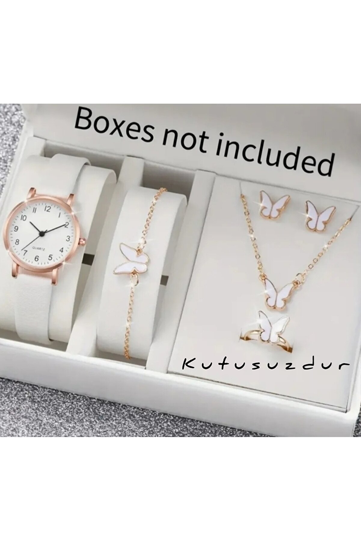 Bbs 6 Parça Parlak Taşlı Saat Bileklik Kolye Küpe Yüzük Kelebek Detaylı Beyaz(Bileklik Hediyeli)
