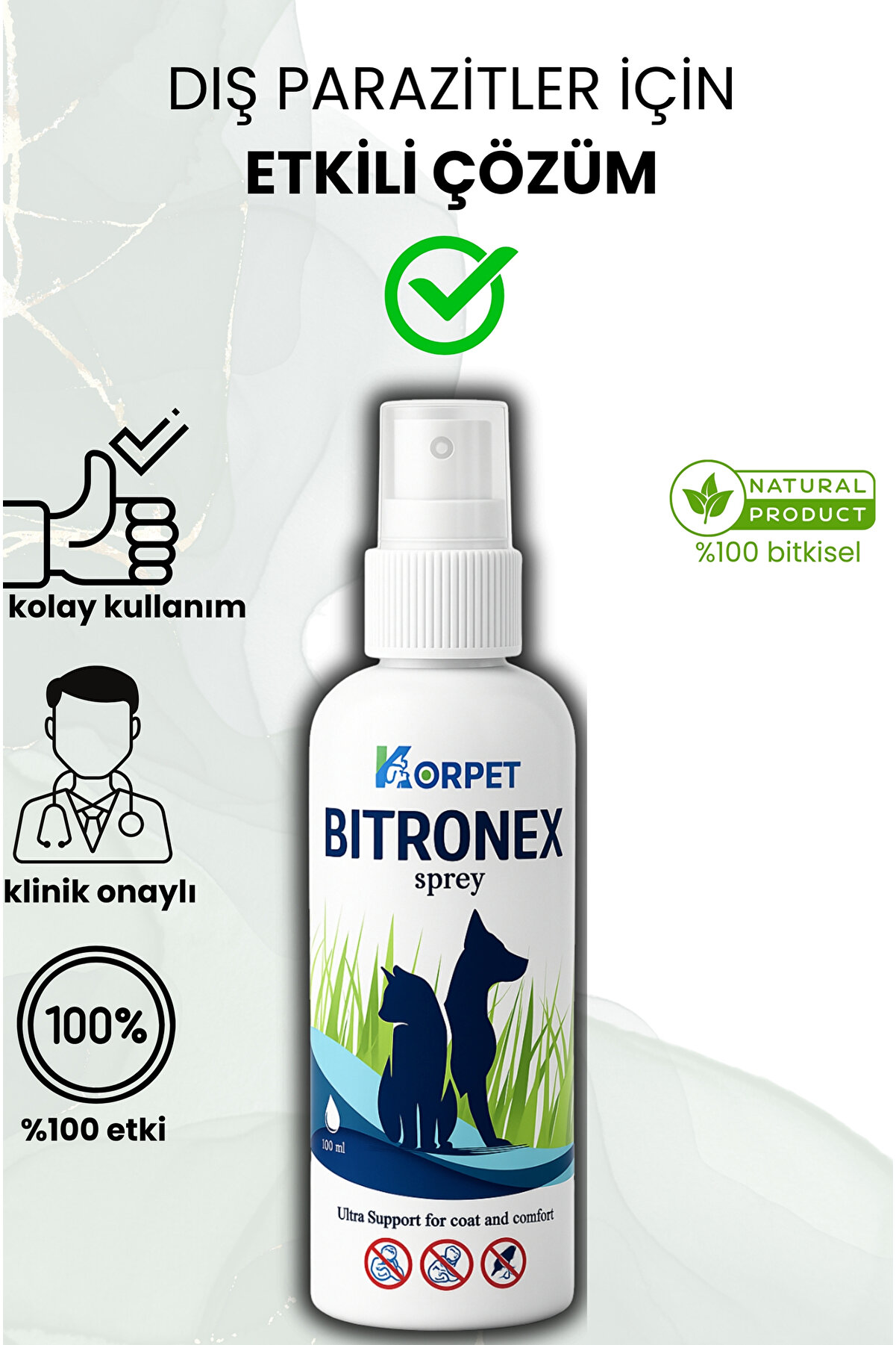 KorPet Bitronex Sprey 100 - Kedi, Köpek, Kuş, Tavşan İçin Pire ve Kene İlaçları