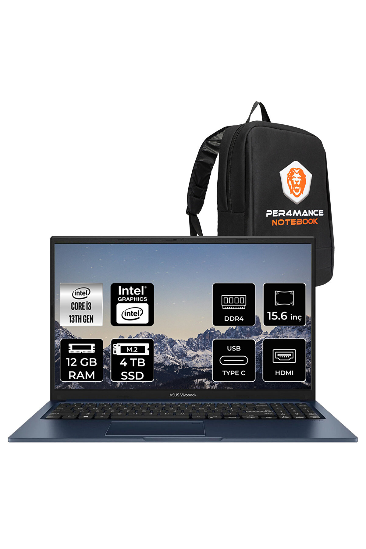 Vivobook 15 i3-1315U 12GB 4TB SSD 15.6'' FHD FDOS X1504VA Dizüstü Bilgisayar _110 PER4 ÇANTA