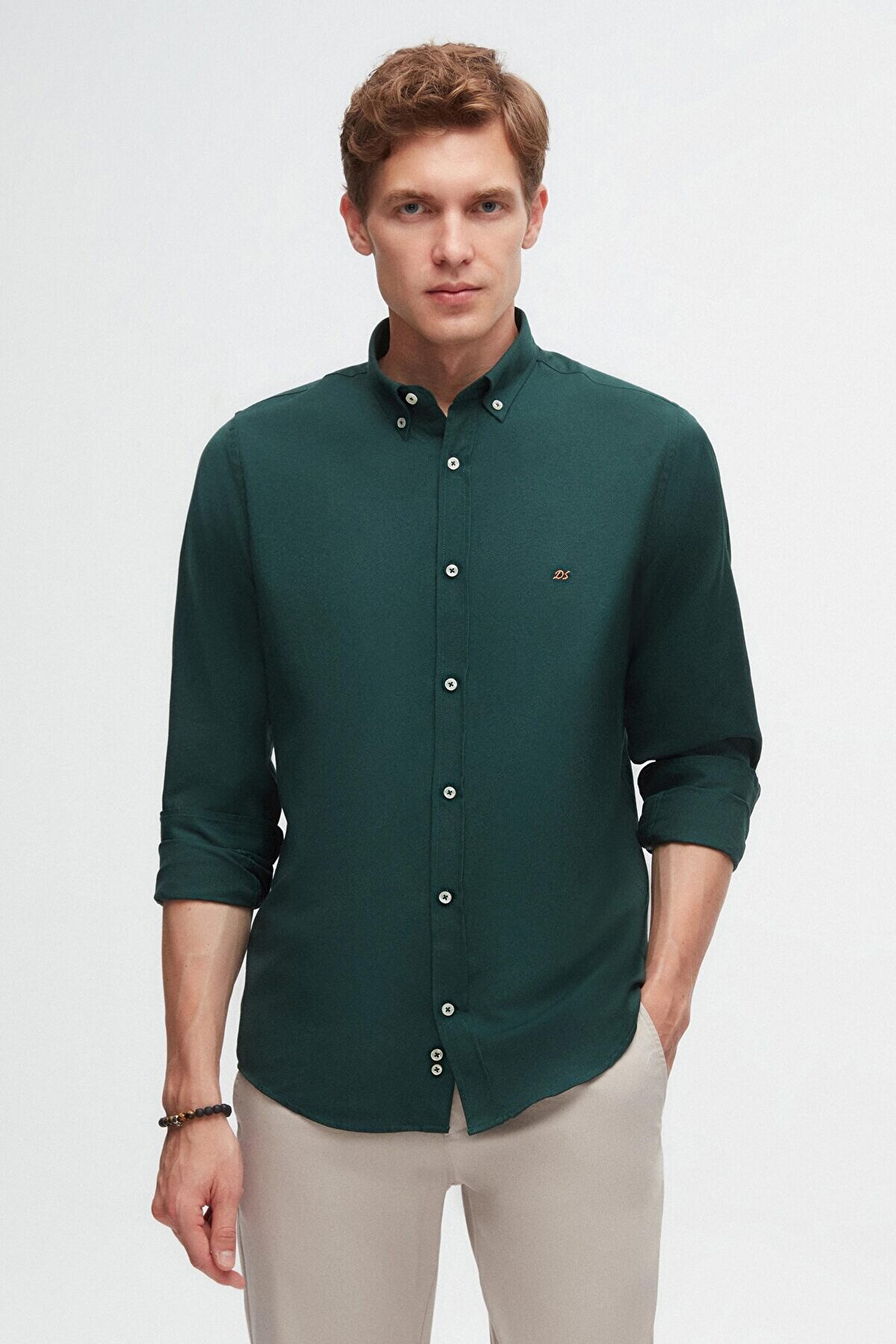 D'S Damat Slim Fit Yeşil Oxford Gömlek - Kolay Ütülenebilir Pamuklu Gömlek