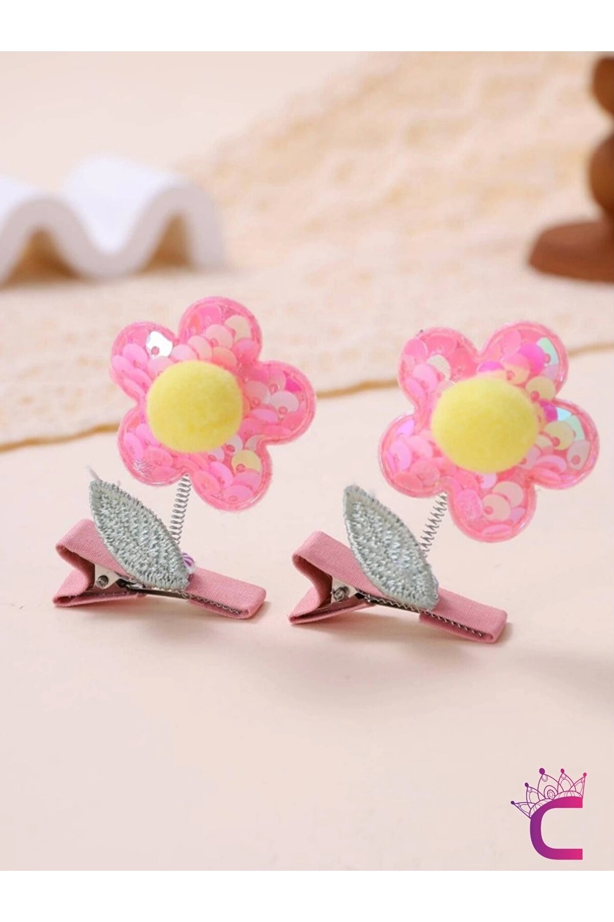 Cinderella 2'li 3D Boyutlu Pembe Sarı Ponponlu Pullu Çiçekli Yeşil Yapraklı Sallanan Pens Toka Seti