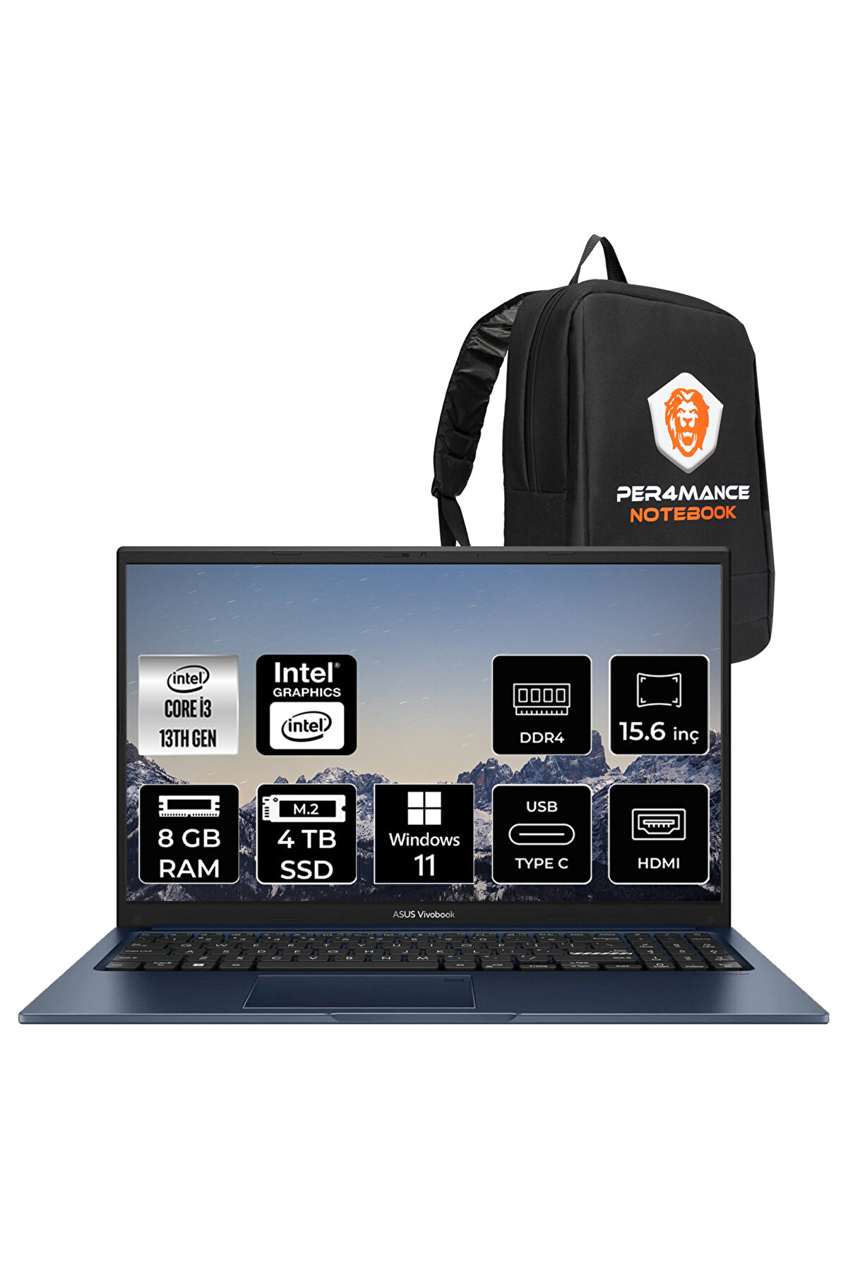 Vivobook 15 i3-1315U 8GB 4TB SSD 15.6'' FHD W11PRO X1504VA Dizüstü Bilgisayar _112 PER4 ÇANTA