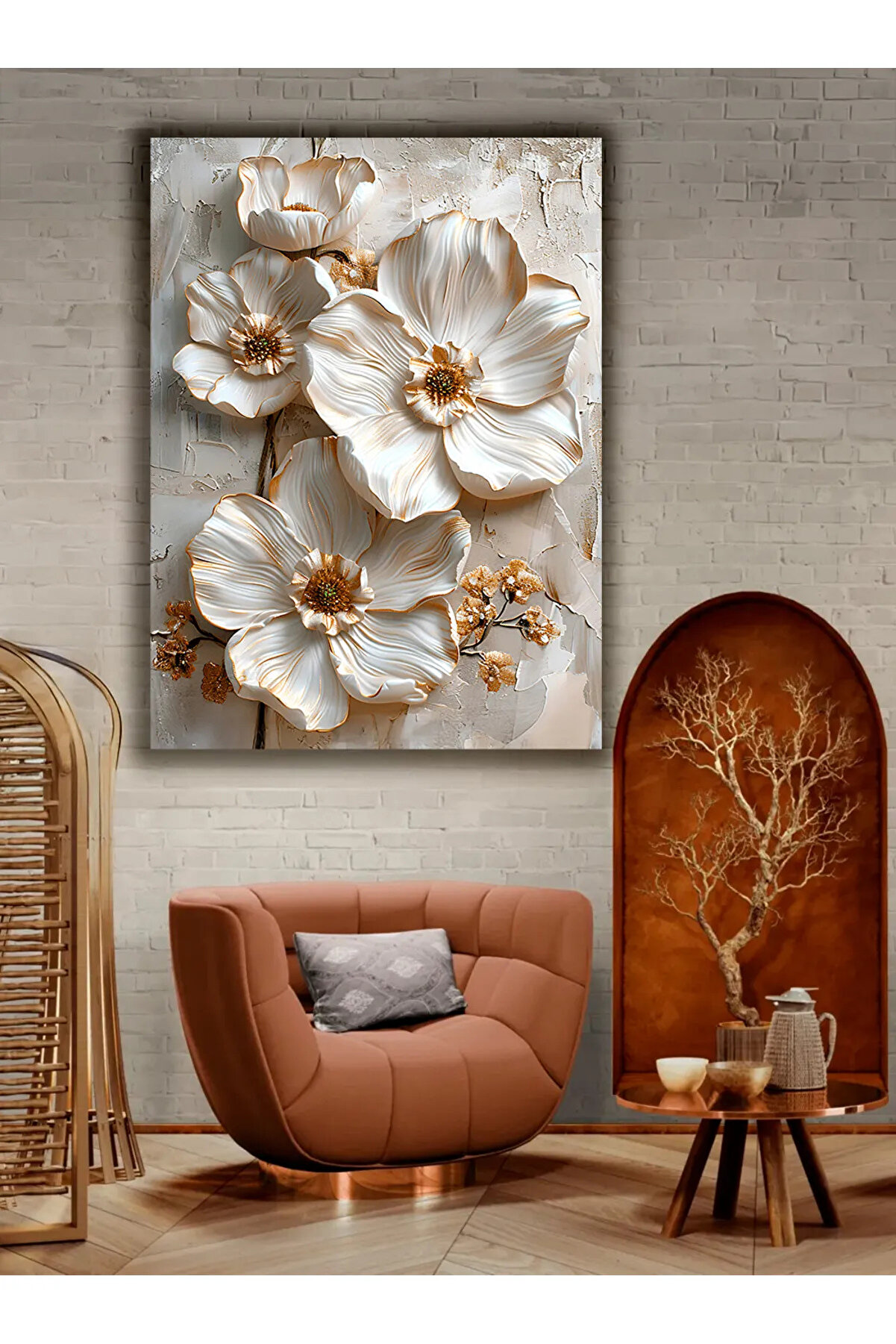 Lona Sanat Krem Beyaz Kabartma Görünümlü Dekoratif Kanvas Tablo | Doğal ve Elegant Düzenleme