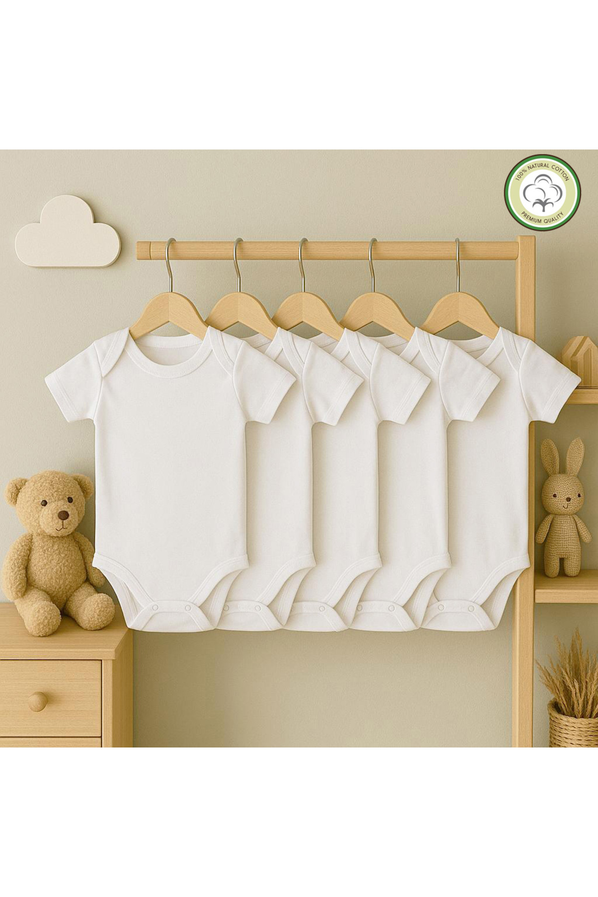 bebeqon Beyaz Kısa Kol Bebek Zıbın 5’li Paket Bisiklet Yaka Unisex Body Seti %100 Pamuk