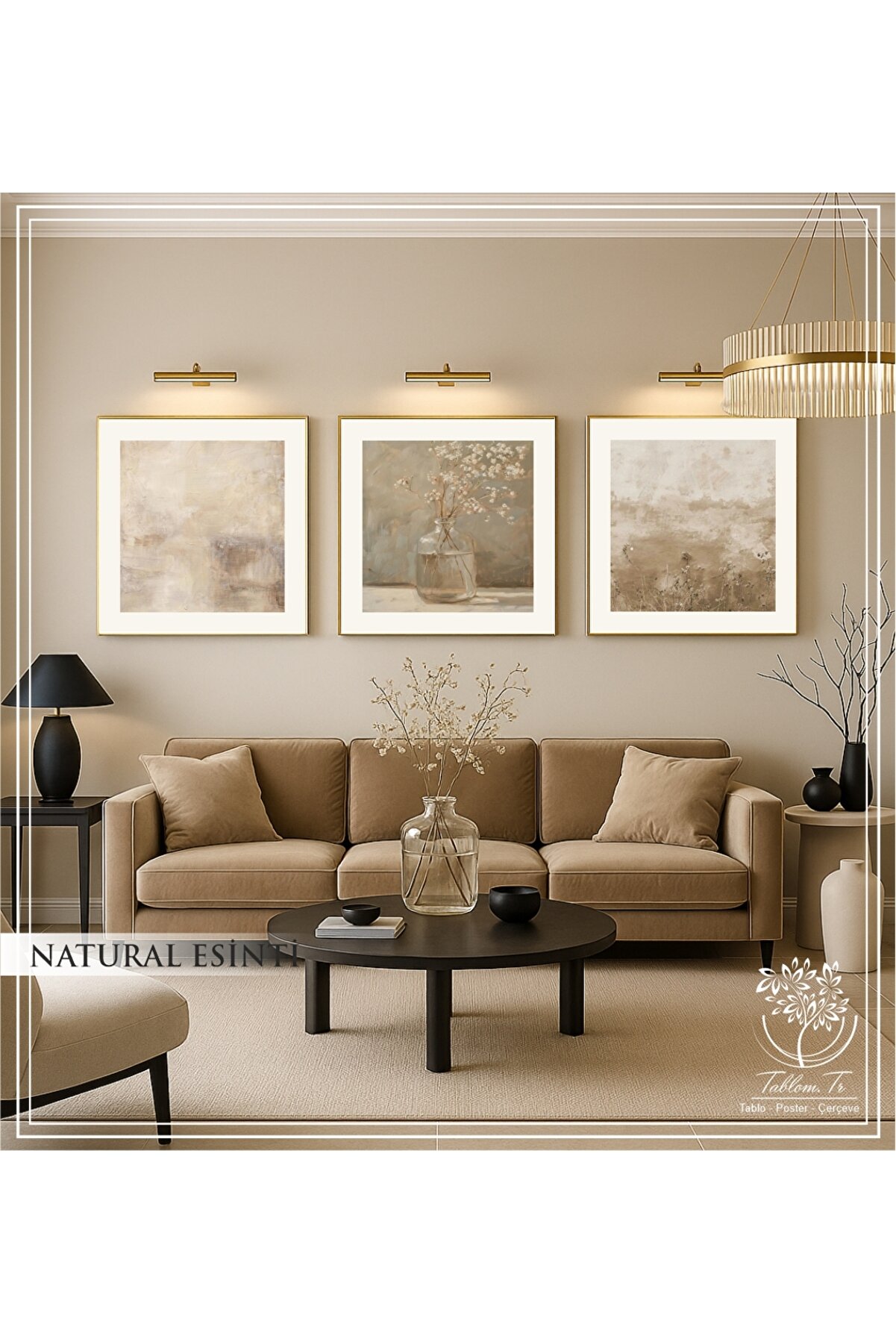 Tablomtr Natural Esinti 3'lü Dekoratif Tablo - Gold Metal Çerçeveli Gerçek Camlı Tablo