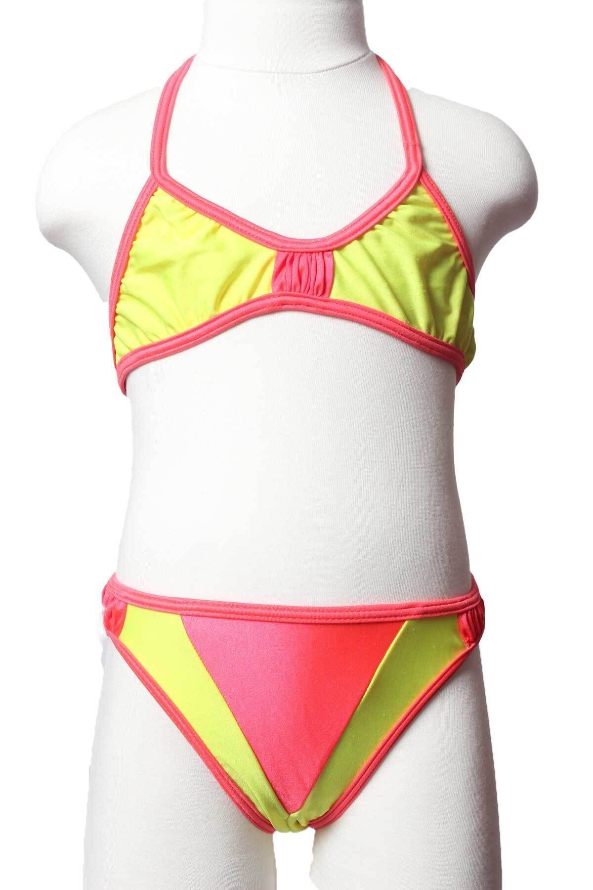 Sude Ayl Kız Çocuk Sarı Üçgen Model Boyundan Bağlamalı Alt Üst Düz Bikini Takım 95