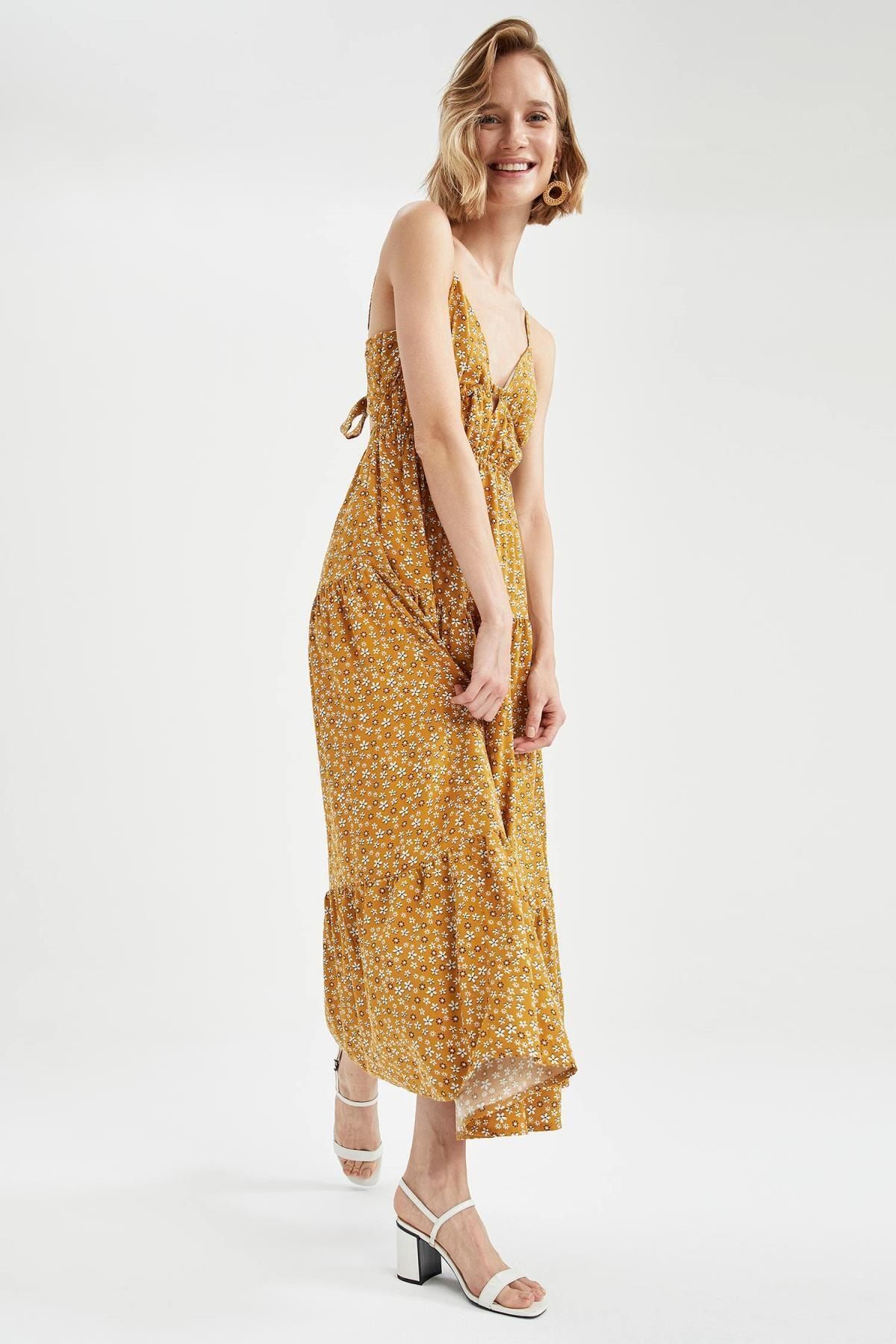 Defacto Kadın Sarı Çiçekli Göğüs Dekolteli Sırtı Bağlama Detaylı Askılı Yazlık Midi Elbise W1175AZ21HS