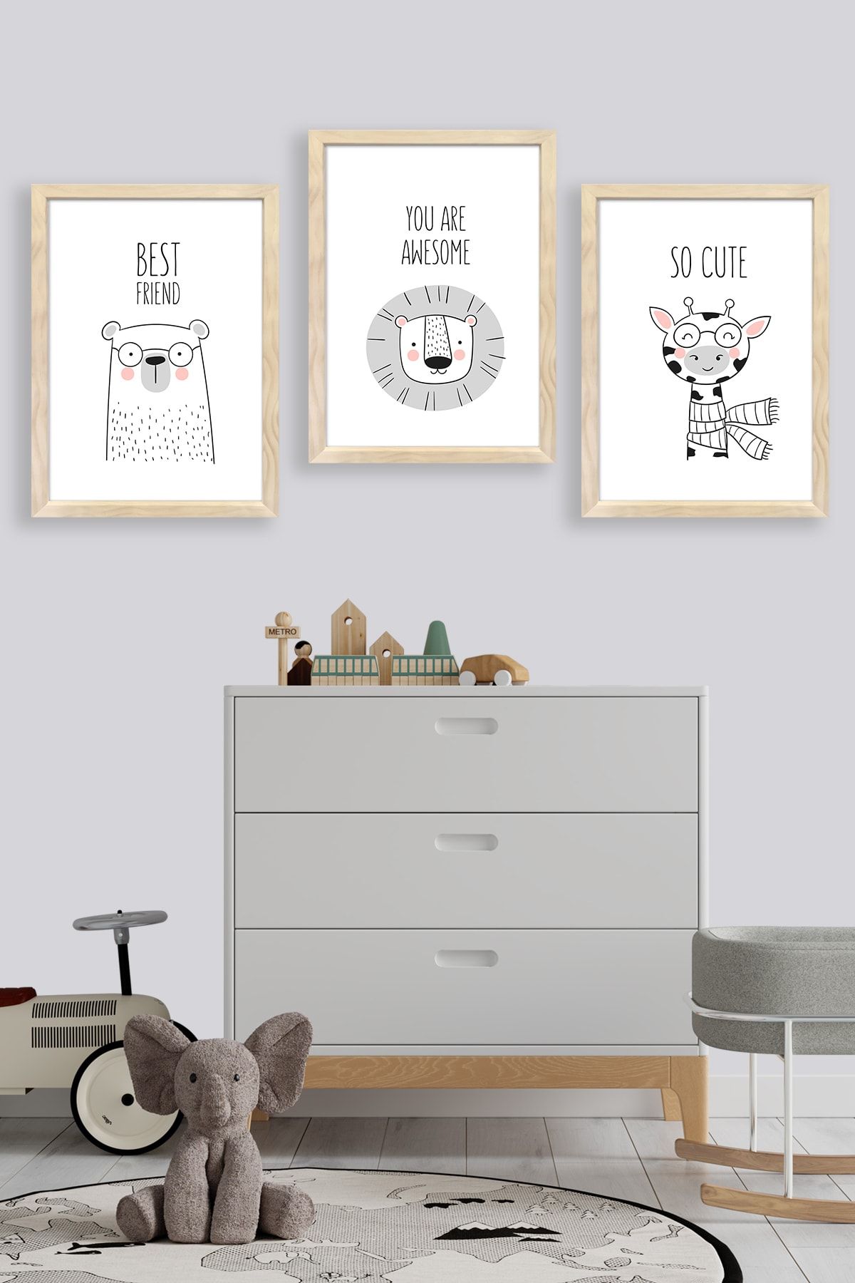 Zep Home Zephome Çocuk Odası Doğal Ahşap Çerçeveli 3lü Poster Seti Sevimli Hayvanlar Zk822445485200