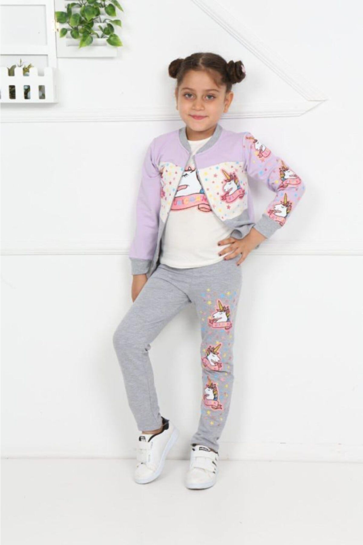 Lolliboomkids Kız Çocuk Unicorn Yıldız Baskılı Tshirt Fermuarlı Üst + Tayt 3'lü Set Lila Mor Renk Eşofman Takımı
