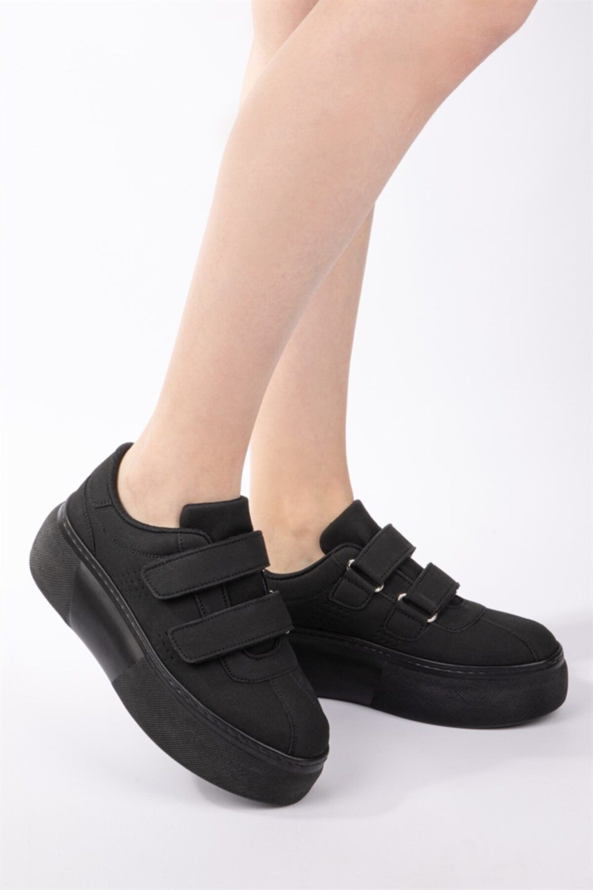 NAVYSIDE Kadın Siyah Nubuk Cırt Cırtlı Sneaker Yüksek Tabanlı Bantlı Spor Ayakkabı