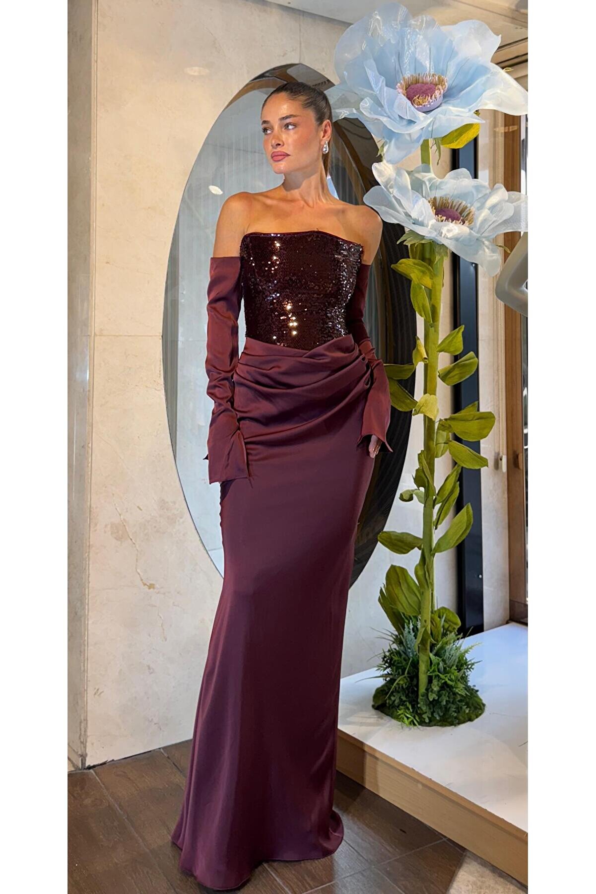 SpringStore Bordo Üstü Payet Altı Krep Abiye | Elegant ve Şık Abiye Çözümünüz