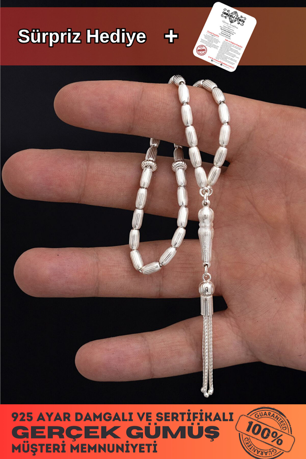 Osmanlı Gümüş Gümüş Tespih Arpakesim Çizgili Orta Boy 15gr - Premium Kalite