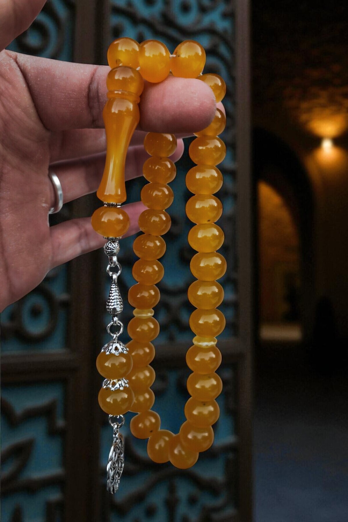 Atolyezone Oval Kesim Toz Kehribar Tesbih Zar Sarı Tespih - Oltu Taşı Tesbihler