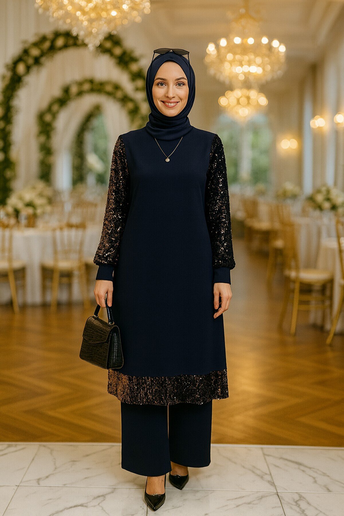 Genel Markalar Payet ve Pullu Lacivert Tesettür Hugglı Begüm Tunik Pantolon Takım Scuba Krep Kumaş