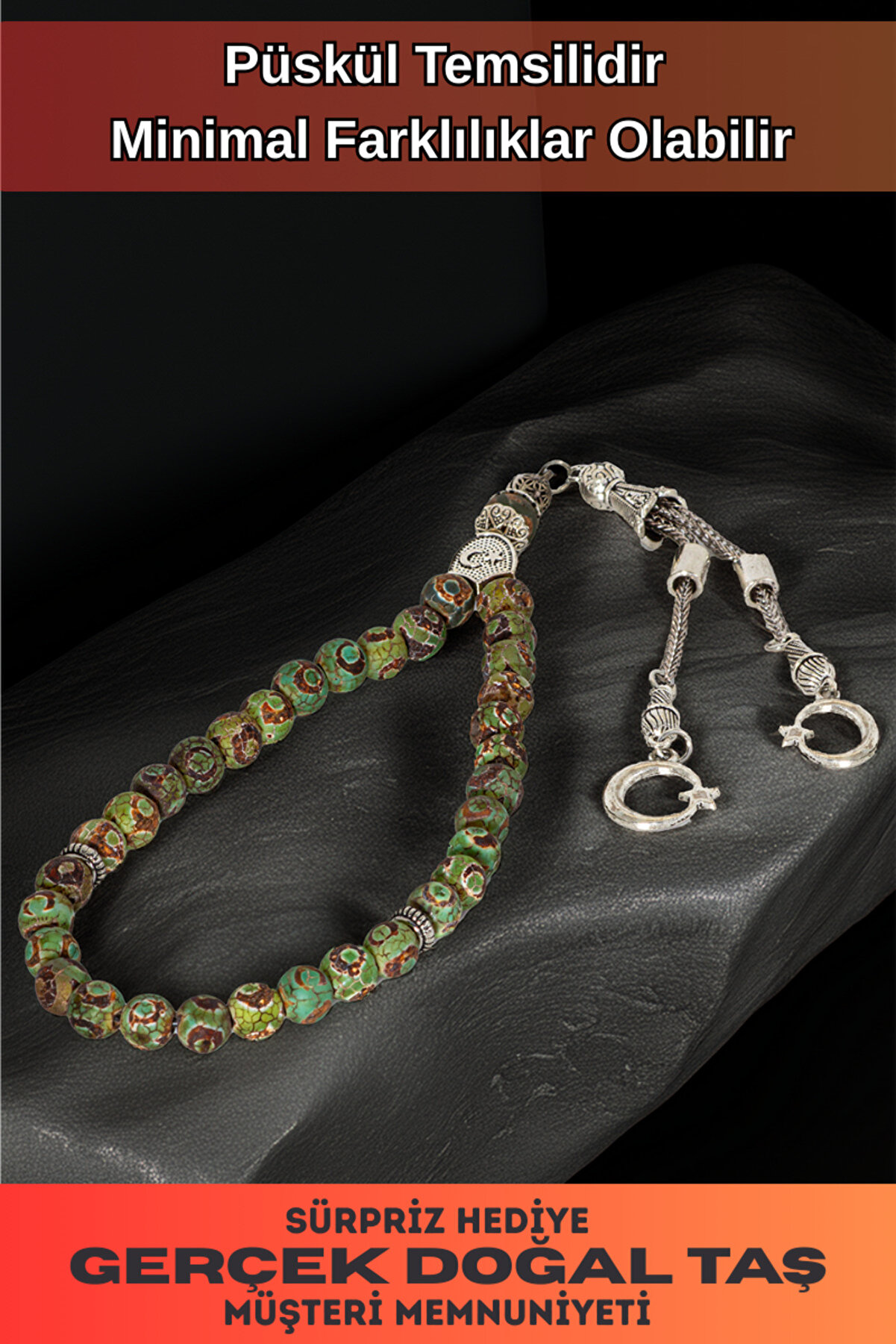 OSMANLI GÜMÜŞ Erkek Doğal Yeşil Tibet Akiği Taşlı Ortaboy Tesbih