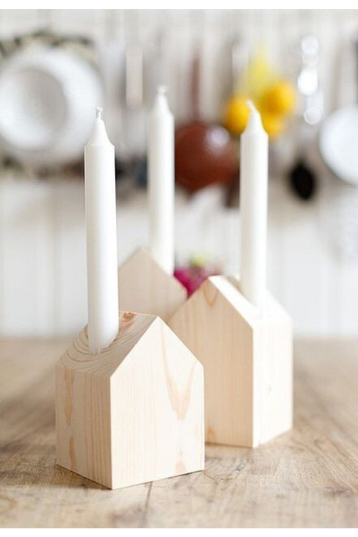 LALEZEN HOME 1 Adet Ahşap Ev Mumluk Mum Standlı - Wooden House Candle Holder