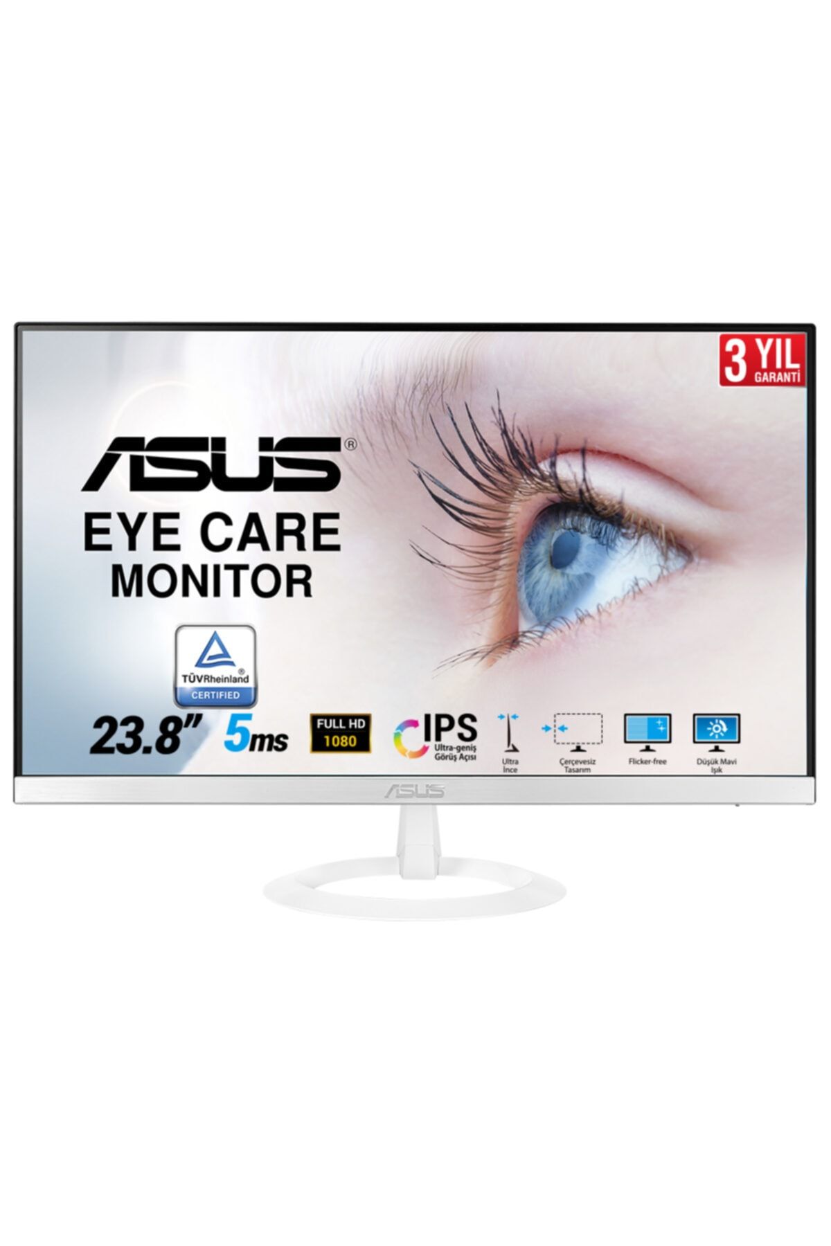 ASUS Vz249he-w 23.8 Beyaz Ips 1920x1080 5ms Hdmı Vga 3yıl Eyecare. Flıcker-free.cercevesız.dusuk Mav